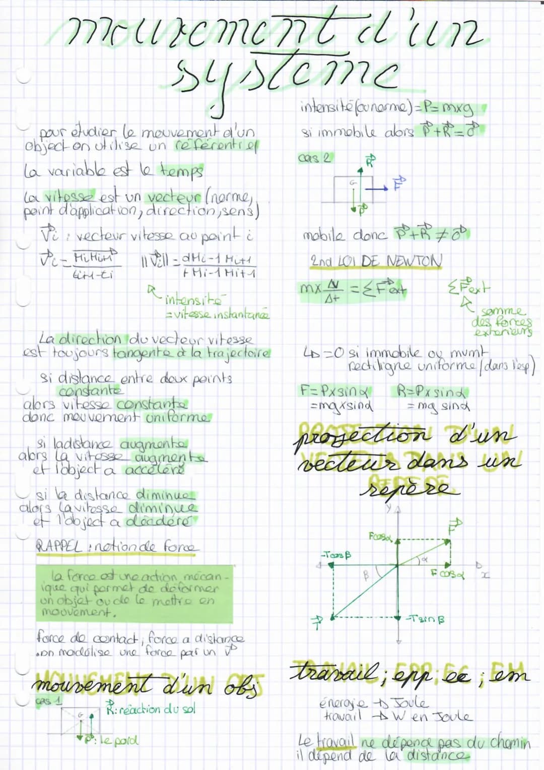 mouvement d'un
systeme
intensité (cunerme) = P= mxg
si immobile alors P²° +R² =²²
cas 2
pour étudier le mouvement d'un
object on utilise un 