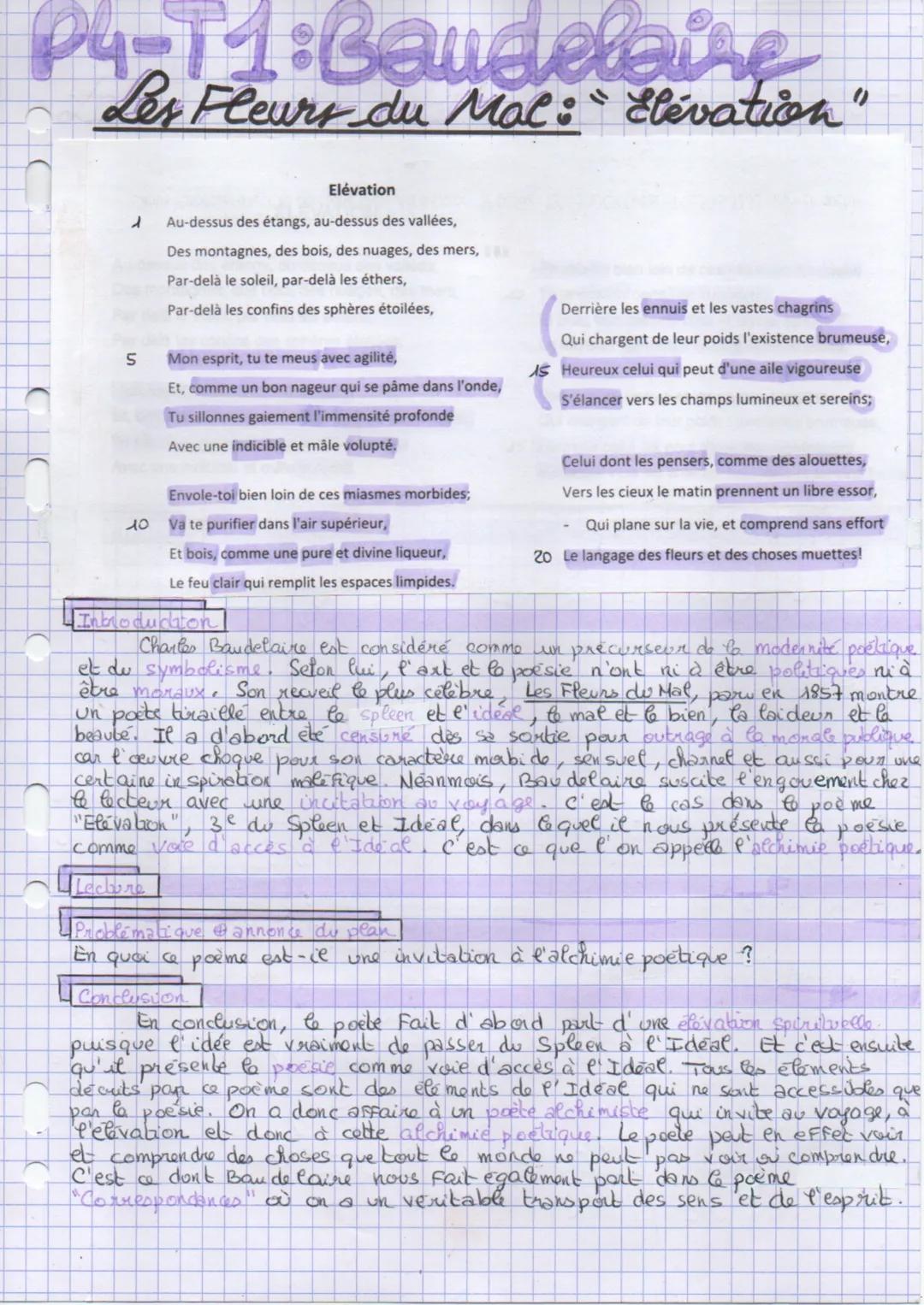 P4-11: Baudelaire
Les Fleurs du Mal: Elévation"
d Au-dessus des étangs, au-dessus des vallées,
Des montagnes, des bois, des nuages, des mers