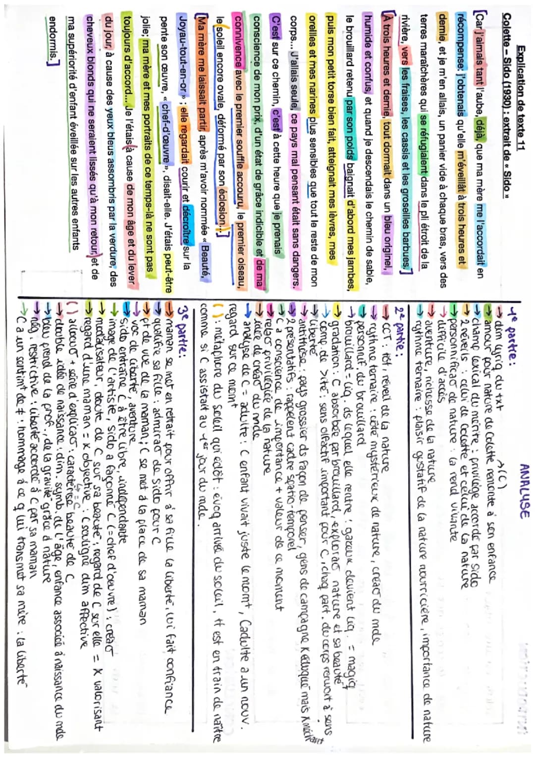 Explication de texte 11
Colette-Sido (1930): extrait de « Sido »
[Car j'aimals tant l'aube, déjà, que ma mère me l'accordait en
récompense: 