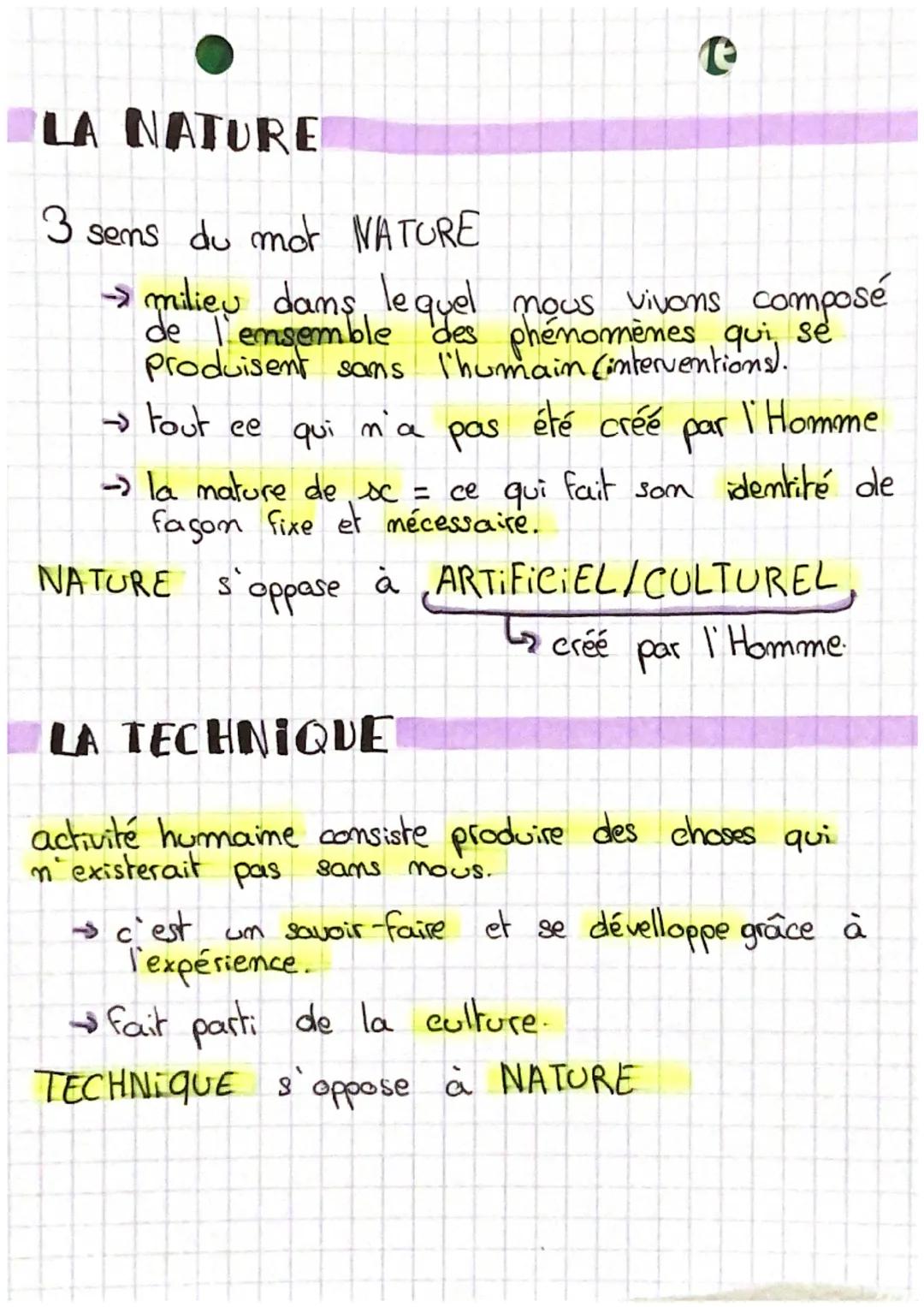 t
LA NATURE
3 sens du mot NATURE
→ milieu dans lequel nous vivons composé
de l'ensemble des phénomènes qui se
produisent sans l'humain (inte