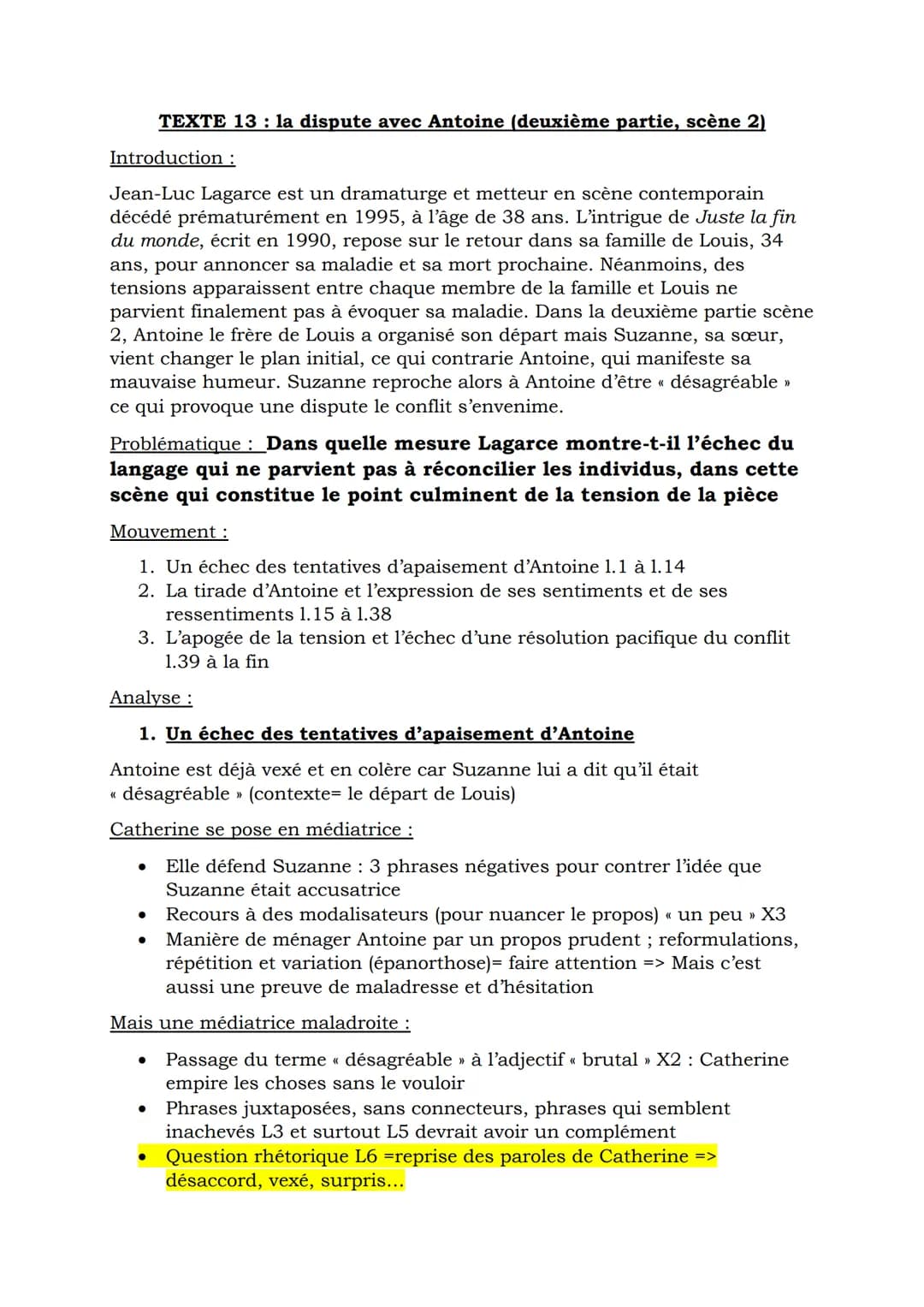 TEXTE 13 : la dispute avec Antoine (deuxième partie, scène 2)
Introduction :
Jean-Luc Lagarce est un dramaturge et metteur en scène contempo