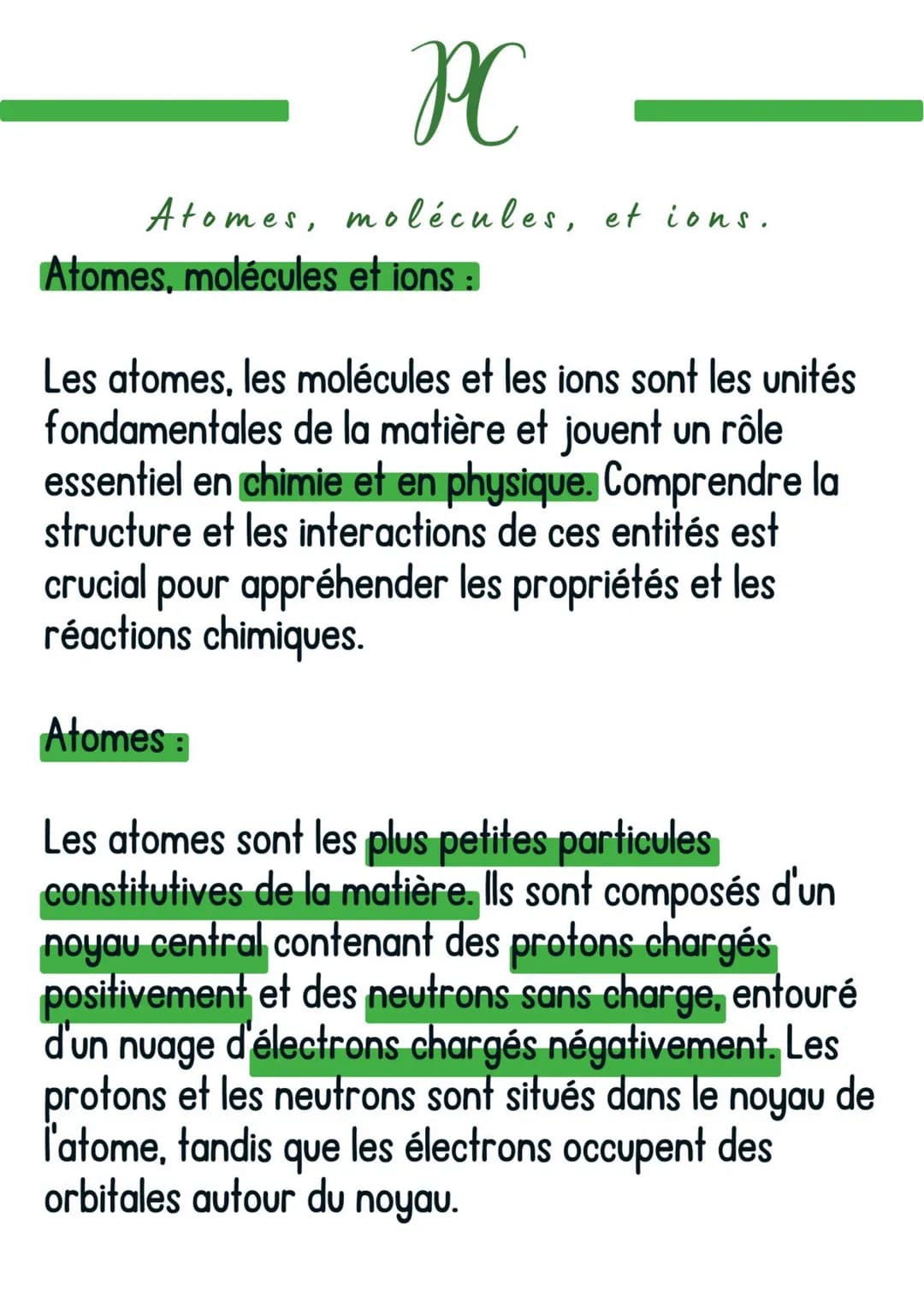 PC
Atomes, molécules, et ions.
Atomes, molécules et ions :
Les atomes, les molécules et les ions sont les unités
fondamentales de la matière
