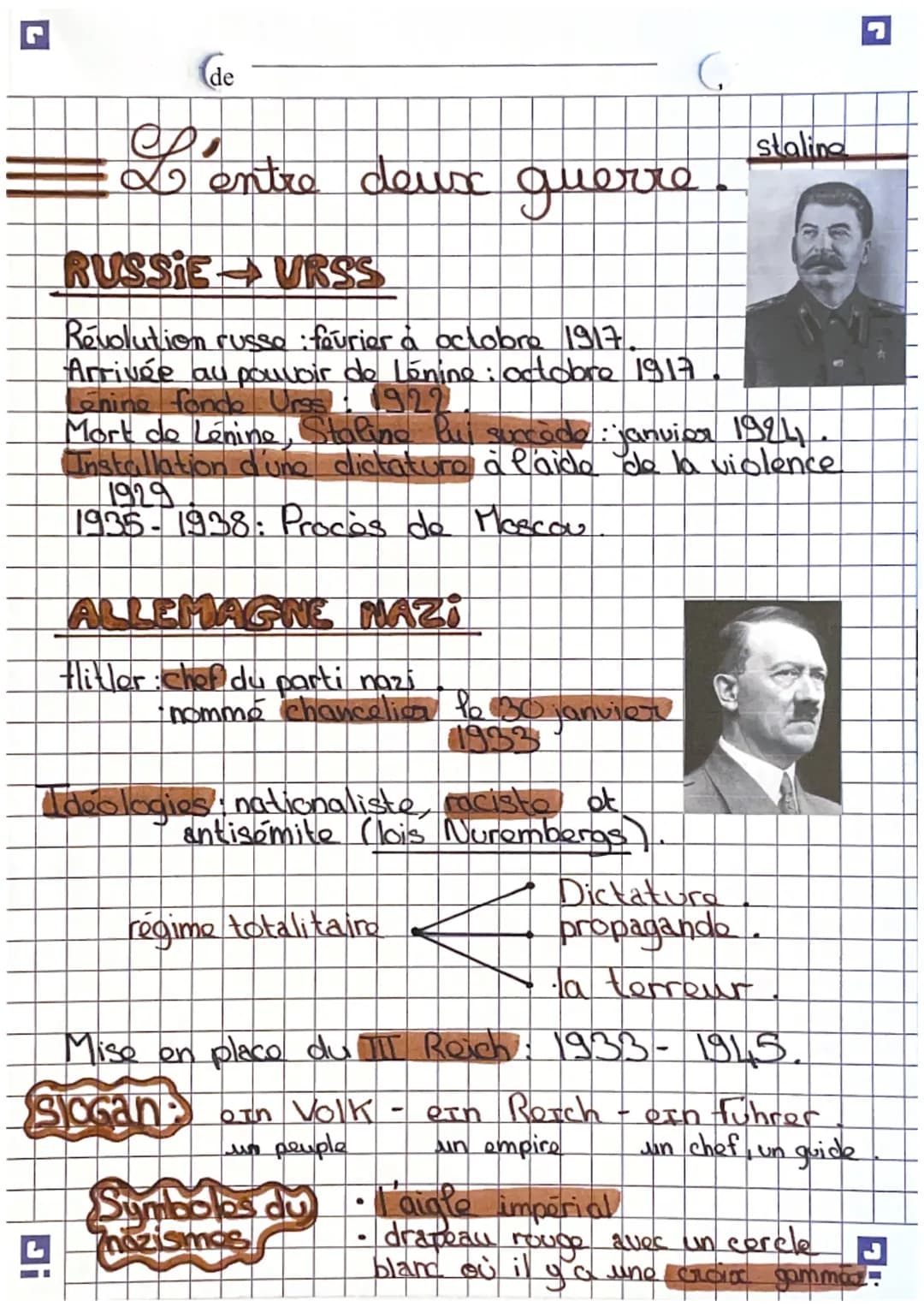 de
L'entre deux guerre
Ji
ALLEMAGNE NAZI
Hitler: chef du parti nazi
RUSSIE URSS
Révolution russe : fourier á octobre 1917.
Arrivée au pouvoi