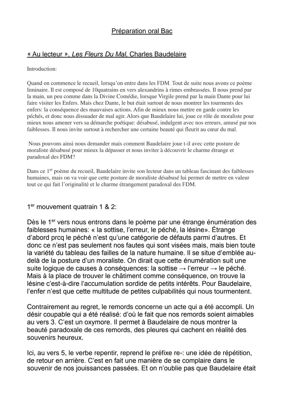 Préparation oral Bac
<< Au lecteur », Les Fleurs Du Mal, Charles Baudelaire
Introduction:
Quand on commence le recueil, lorsqu'on entre dans