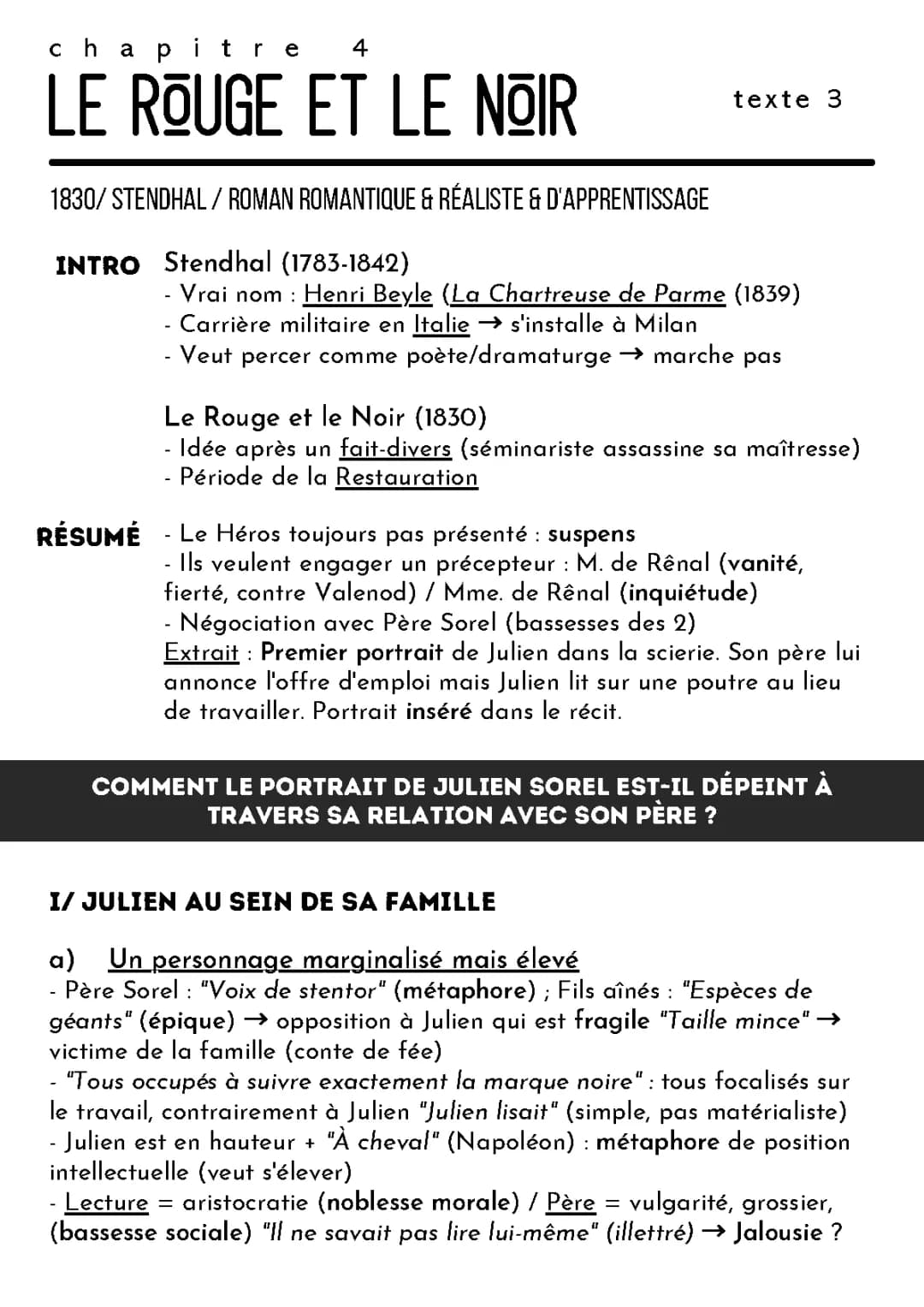 Analyse Linéaire: Le Rouge et le Noir Chapitre 4 (Portrait de Julien Sorel)