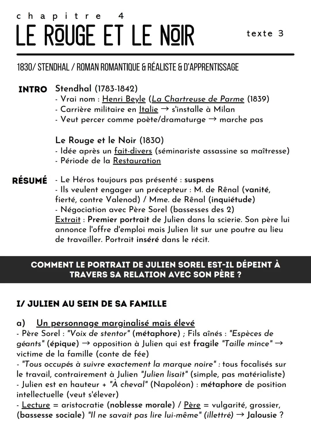 chapitre 4
LE ROUGE ET LE NOIR
1830/STENDHAL/ROMAN ROMANTIQUE & RÉALISTE & D'APPRENTISSAGE
INTRO Stendhal (1783-1842)
RÉSUMÉ
texte 3
- Vrai 
