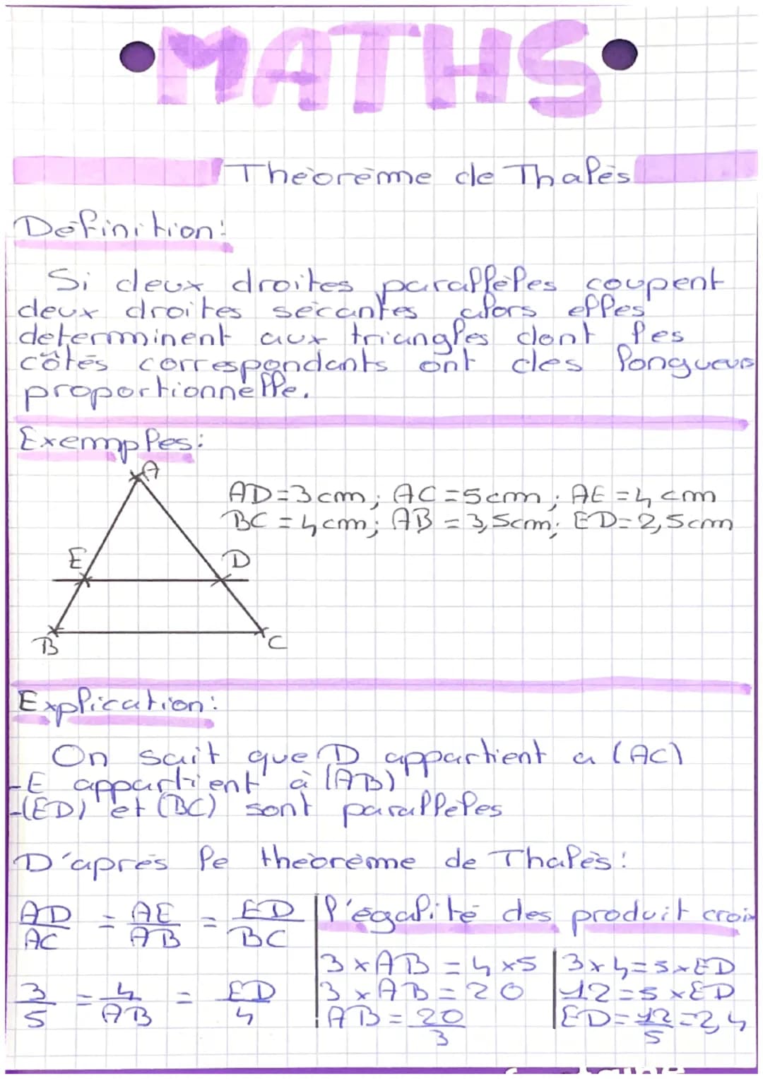 Definition!
Si deux droites paralleles coupent
deux droites secantes alors effes
determinent aux triangles dont les
côtés correspondents ont