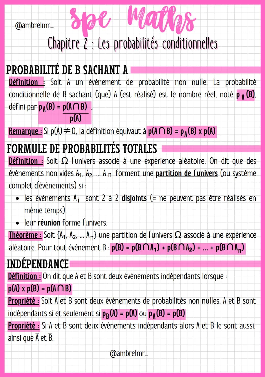 spe maths
Chapitre 2 : Les probabilités conditionnelles
@ambrelmr_
PROBABILITÉ DE B SACHANT A
Définition: Soit A un événement de probabilité