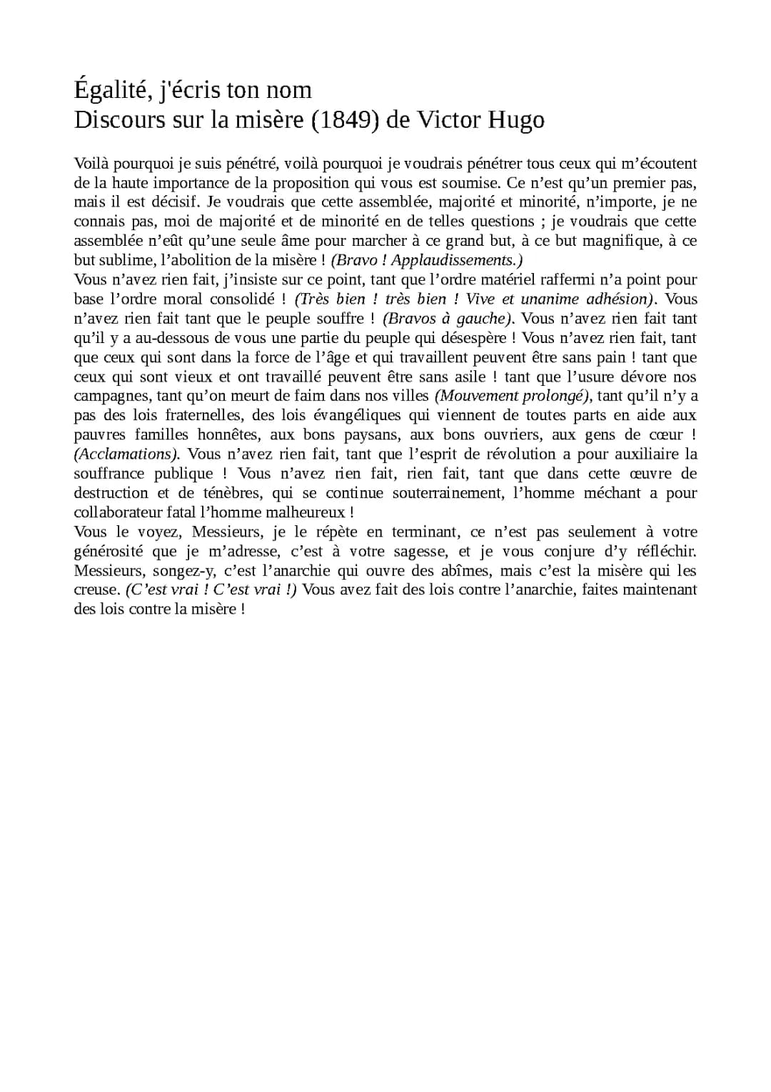 Analyse linéaire du discours sur la misère de Victor Hugo