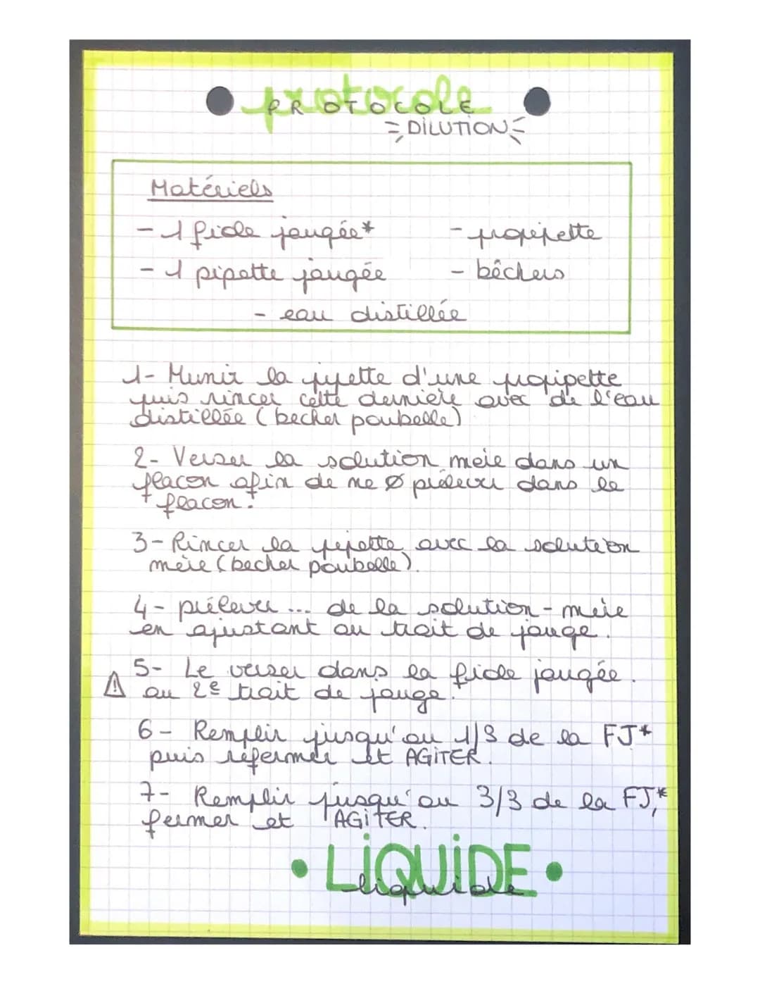 ● protocole
Matériels
- I fide jongée*
- I pipette jaugée
DILUTION
-propipette
- bêchers
eau distillée
1- Munir la pyette d'une propipette
q
