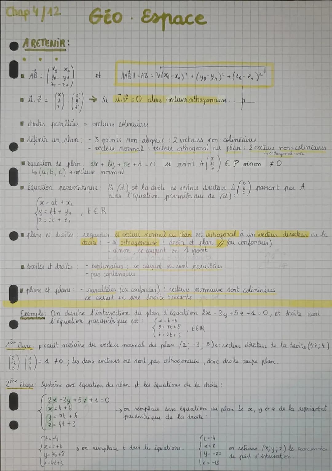 Chap 4/42
A RETENIR:
Gio · Espace
AB:
Ye- ys
20-24
et
ABHAB=
+ (40-YA)² + (2-2)²
=
x
droites paralleter
I
definir un plan:
→Si u. 2² = 0 alo