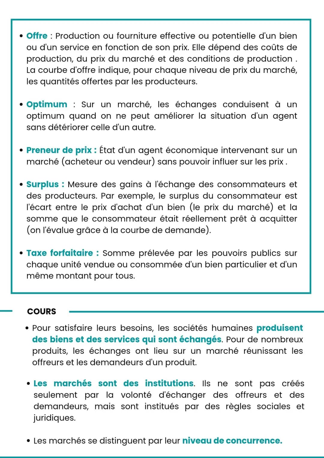 ses
MARCHÉ CONCURRENTIEL
DEFINTION A CONNAITRE :
• Coût marginal: Coût supplémentaire induit par la production
d'une unité supplémentaire de
