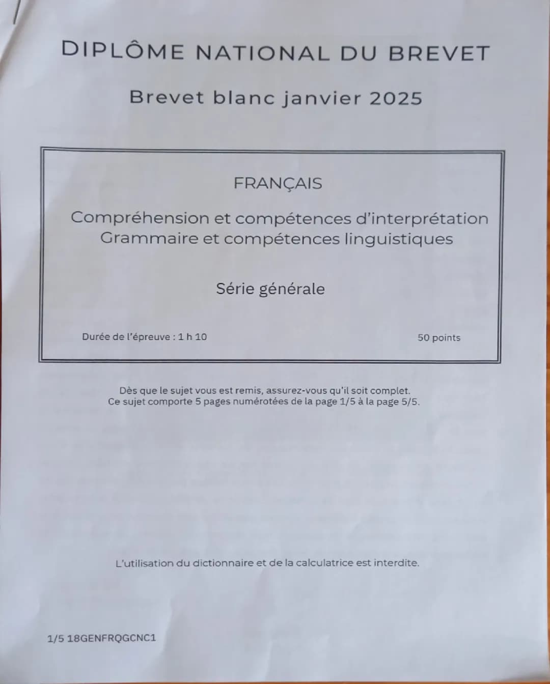 Sujet de DNB blanc de français janvier 2025