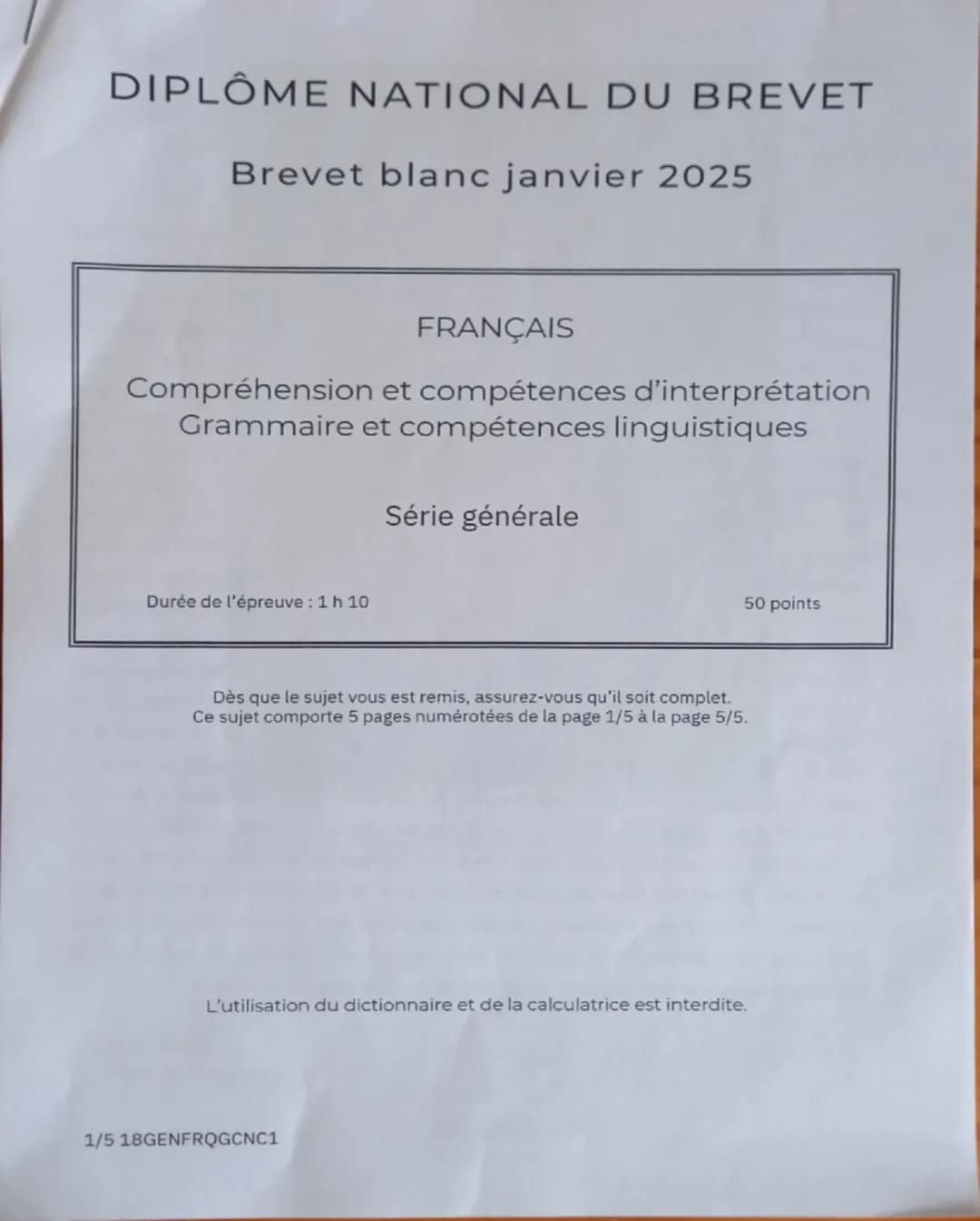 # DIPLÔME NATIONAL DU BREVET

Brevet blanc janvier 2025

## FRANÇAIS

Compréhension et compétences d'interprétation
Grammaire et compétences