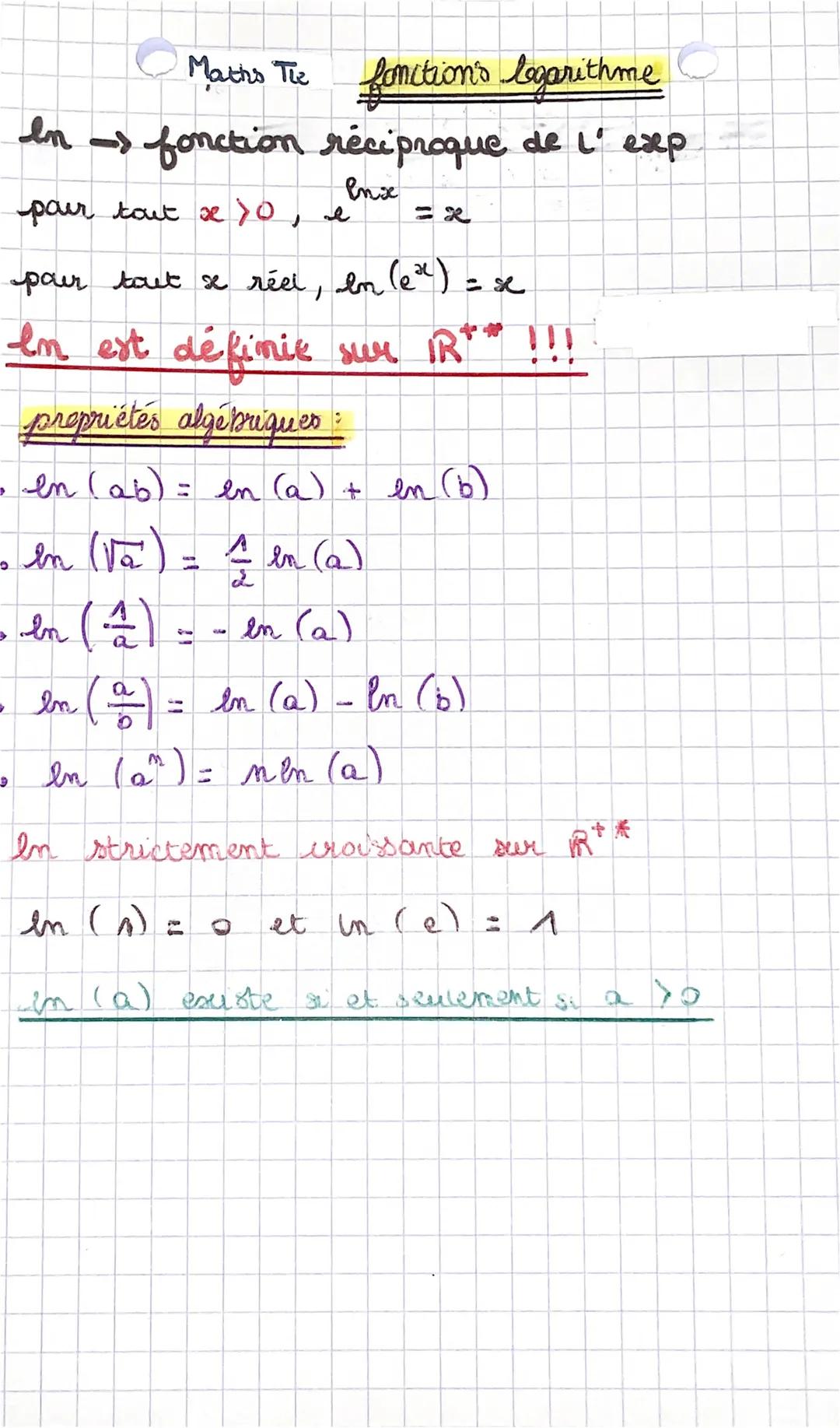 Maths The fonction's logarithme

$In \rightarrow$ fonction réciproque de L' exp

$e^{lnx} = x$
pair tout $x > 0$,

pour tout $x$ réel, $ln (