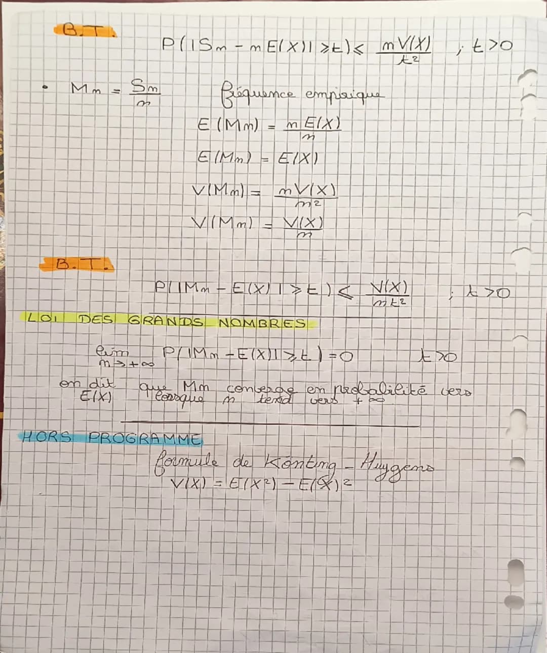 22
Lois
ESPERANCE
Elax+b)
=
des grands nombres
linearité
a
EIX)+b
E (X + X2) = E(X₁) +E (X2)
VARIANCE
Max+b) = a² V(X)
V (X₁ + X2)
=
V(X) + 