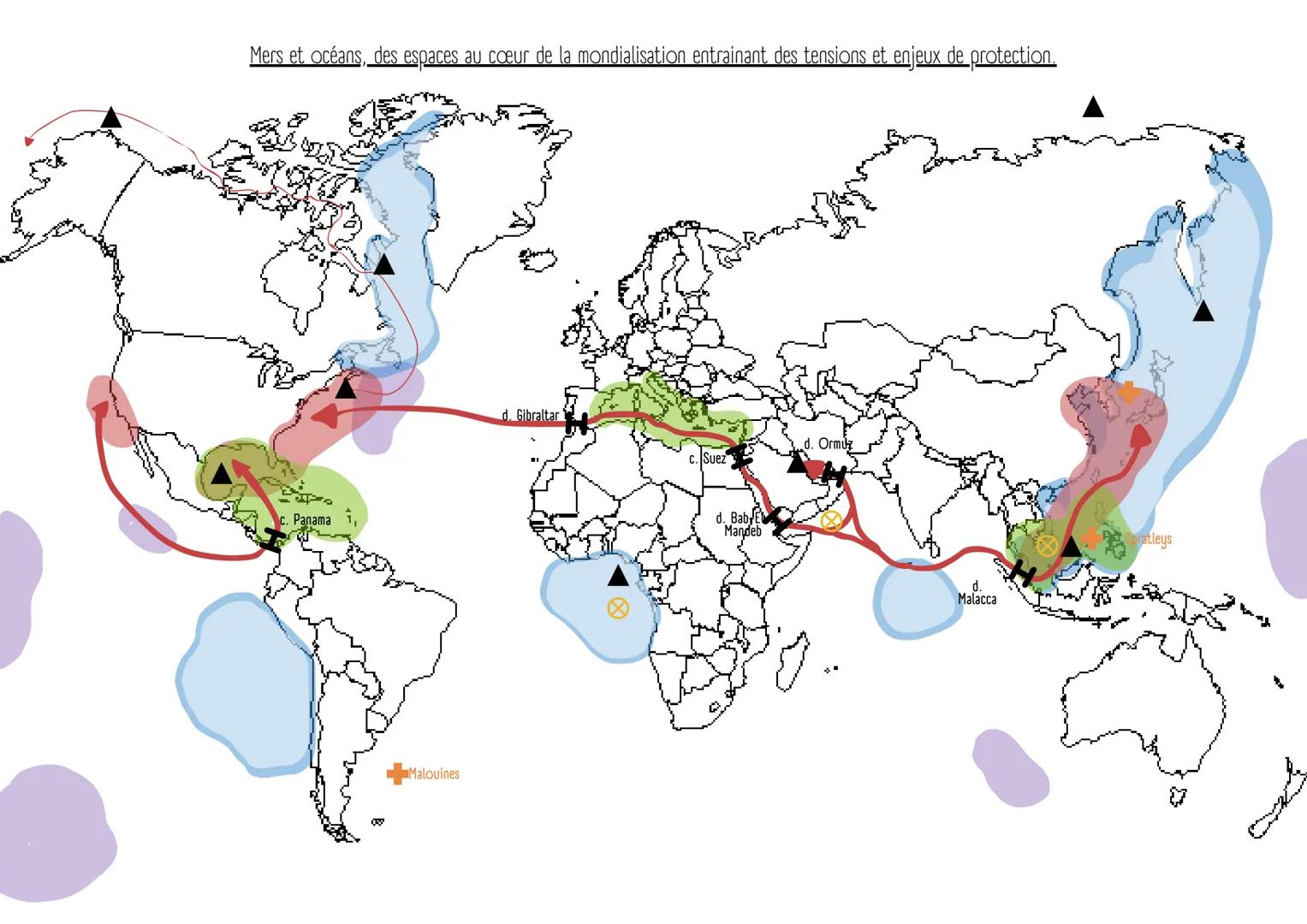 Mers et océans, des espaces au cœur de la mondialisation entrainant des tensions et enjeux de protection.

c. Panama,

Malouines

d. Gibralt