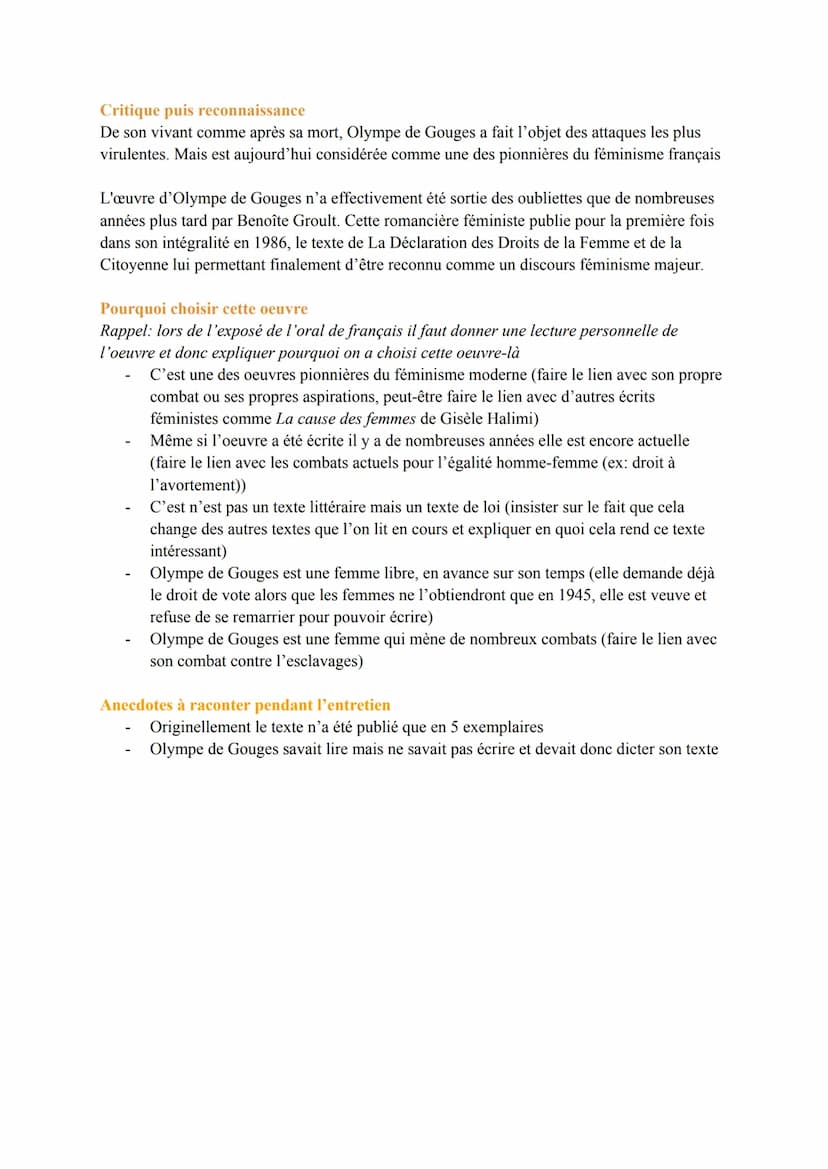 FICHE ORAL
La Déclaration des Droits de la Femme et de la Citoyenne
La Déclaration des Droits de la Femme et de la Citoyenne est publiée en 
