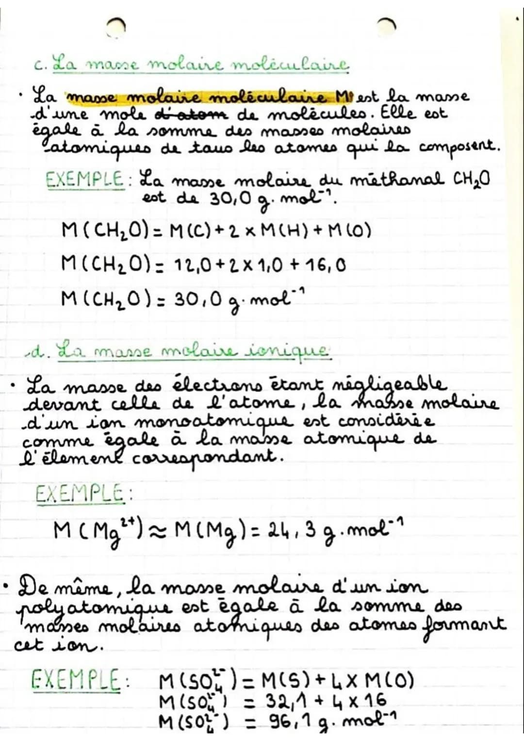 ●.
.
c. La masse molaire moléculaire
La masse molaire moléculaire Mi est la masse
d'une mole d'atom de molécules. Elle est
égale à la somme 