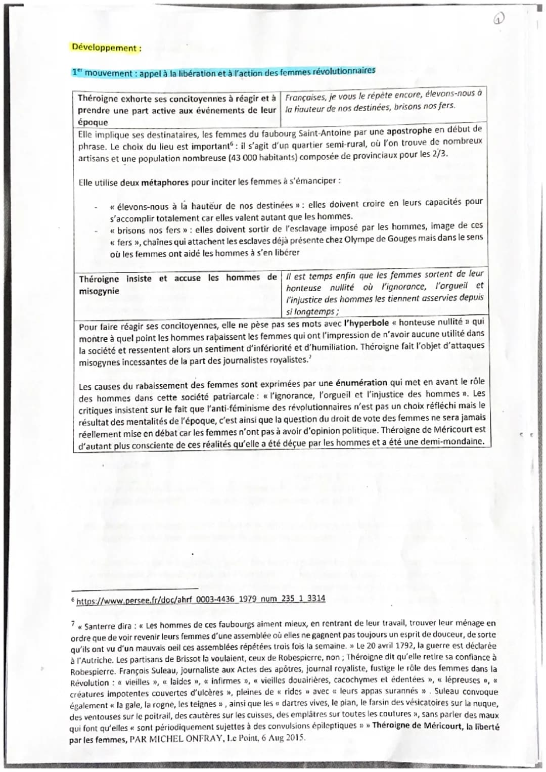 Développement :
1er mouvement: appel à la libération et à l'action des femmes révolutionnaires
Théroigne exhorte ses concitoyennes à réagir 