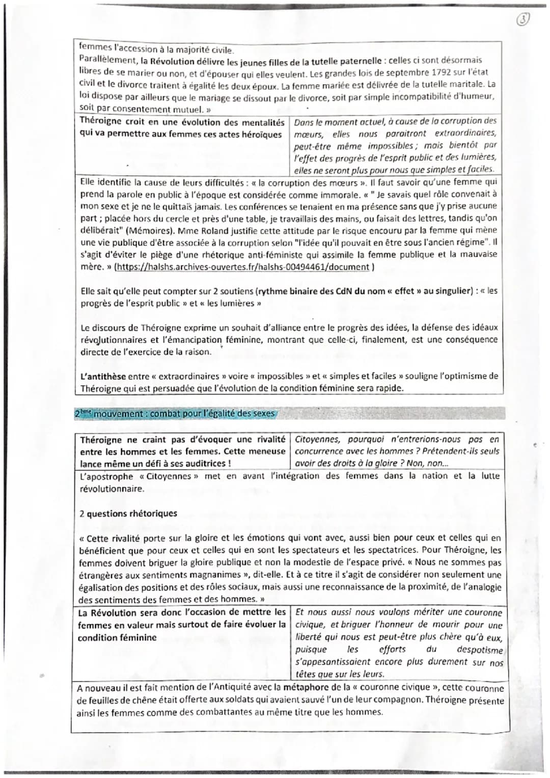 Développement :
1er mouvement: appel à la libération et à l'action des femmes révolutionnaires
Théroigne exhorte ses concitoyennes à réagir 