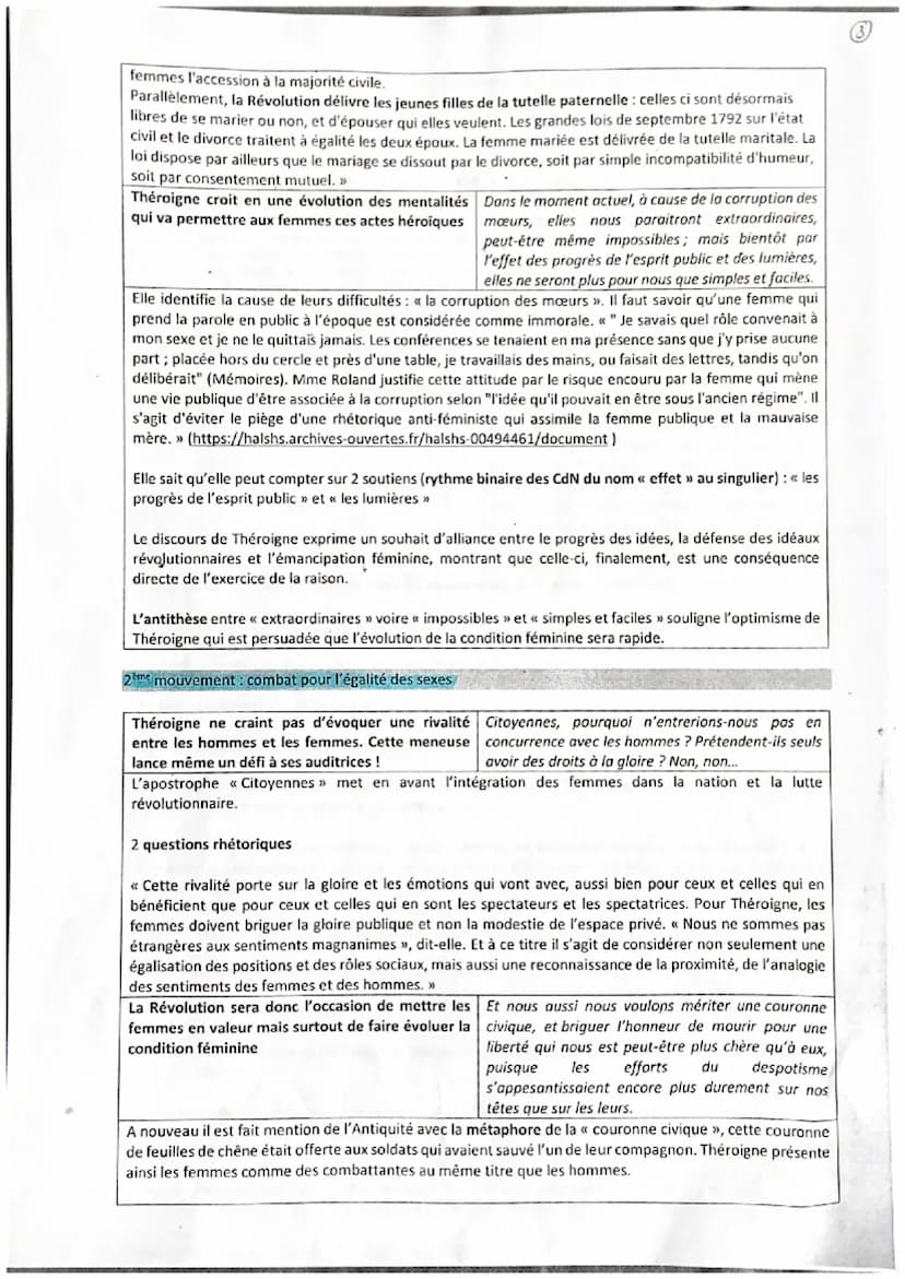 Développement :
1er mouvement: appel à la libération et à l'action des femmes révolutionnaires
Théroigne exhorte ses concitoyennes à réagir 