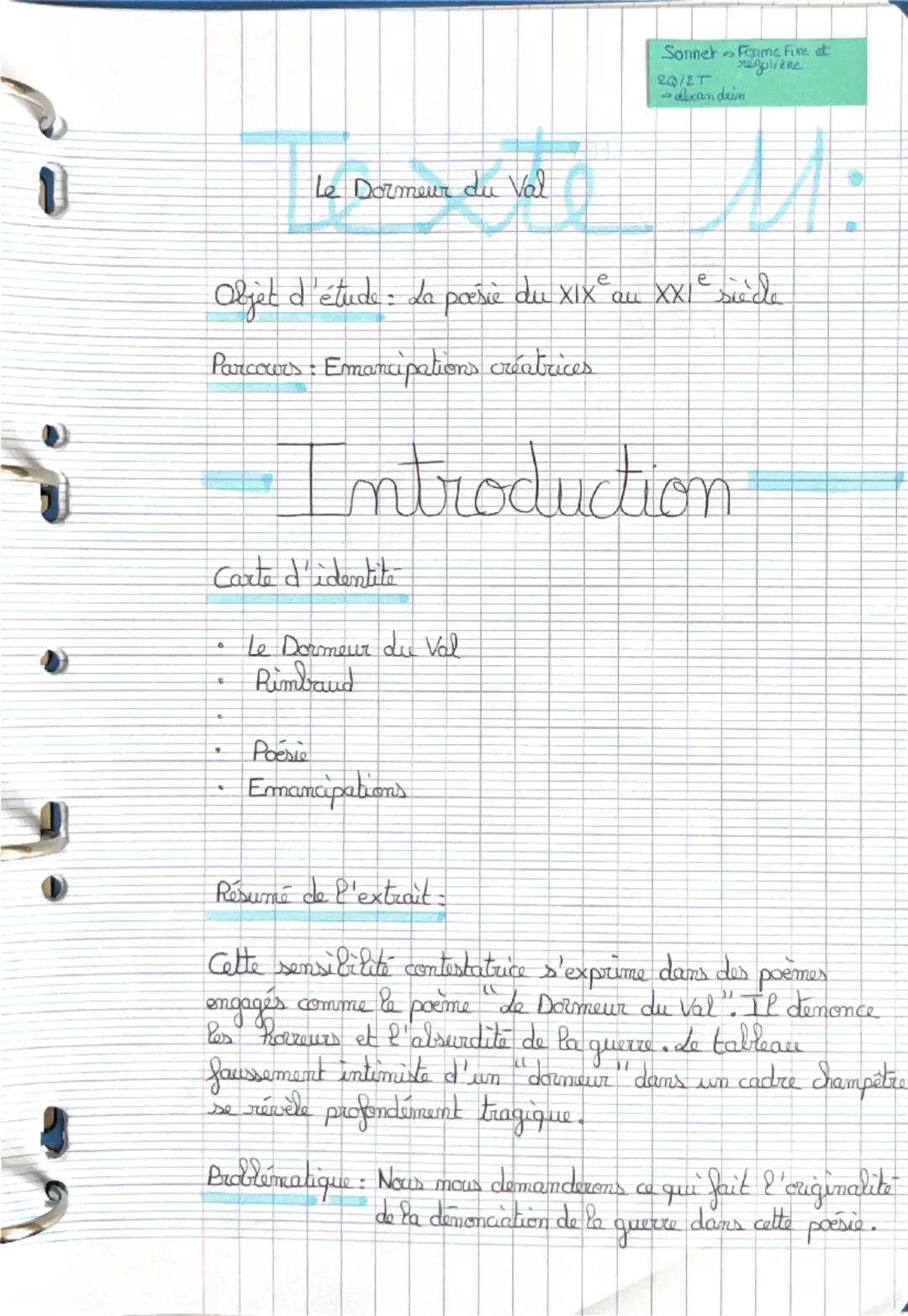 Sonnet Forme Fixe et
ragulizne
20/27
dbxon deim

Le Dormeur du Val

Objet d'étude : La poesie du XIX au XXIe siècle

Parcocers: Emancipation