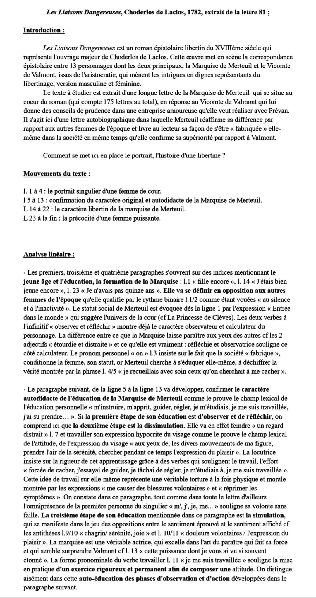 Les Liaisons Dangereuses, Choderlos de Laclos, 1782, extrait de la lettre 81 ;
Introduction :
Les Liaisons Dangereuses est un roman épistola