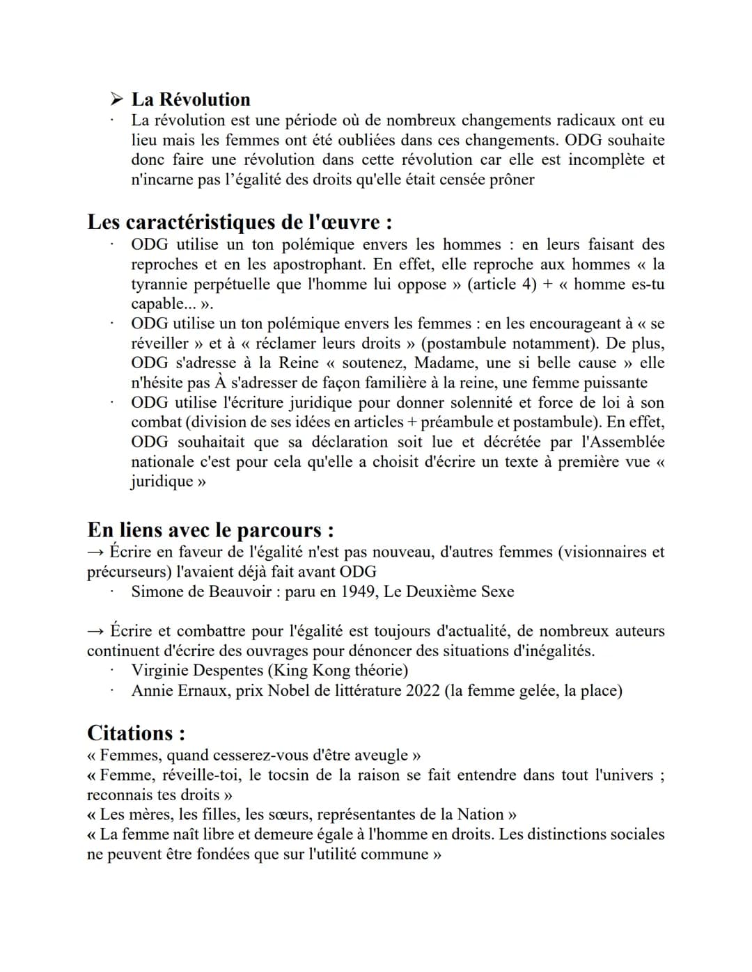 LA DÉCLARATION DES DROITS DE LA FEMME ET DE LA CITOYENNE, 1791
Parcours : << Écrire et combattre pour l'égalité >>
Écrire renvoie aux mots c