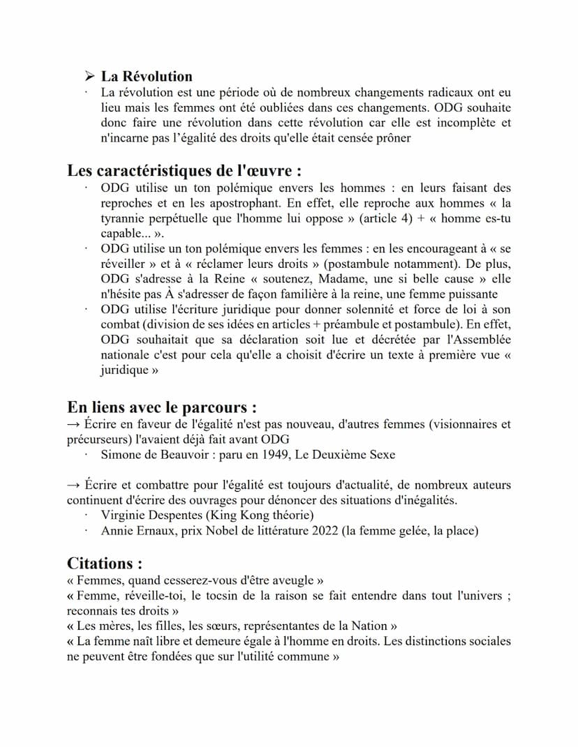 LA DÉCLARATION DES DROITS DE LA FEMME ET DE LA CITOYENNE, 1791
Parcours : << Écrire et combattre pour l'égalité >>
Écrire renvoie aux mots c