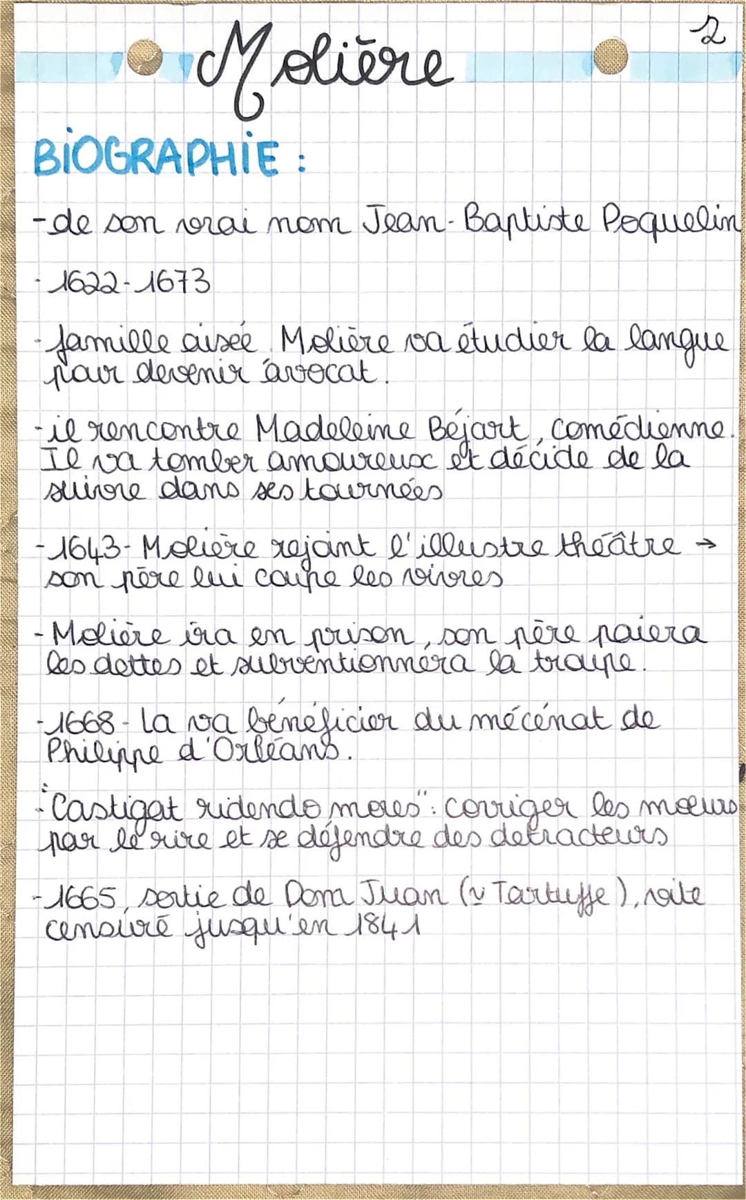 Molière
2
BIOGRAPHIE :
-de son vrai nom Jean-Baptiste Poquelin
-1622-1673
famille aisée Molière va étudier la langue
pour devenir avocat.
-i