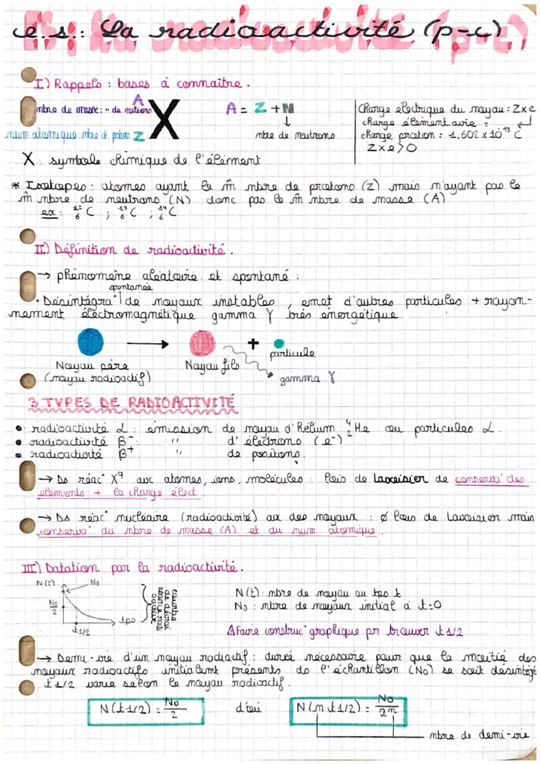 # e.s.: La radioactivité (p-c

I) Rappels: bases à connaître.

mbre de masse: da mutismo

num atomique mee de prise Z

$A = Z + M$

↓
mbre d