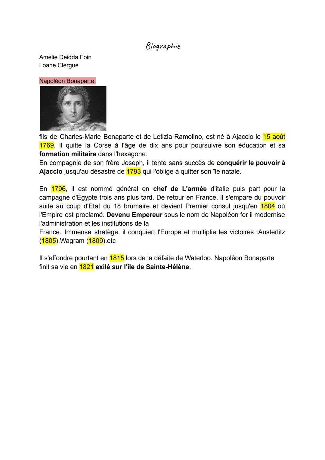 Amélie Deidda Foin
Loane Clergue
Napoléon Bonaparte,
Biographie
fils de Charles-Marie Bonaparte et de Letizia Ramolino, est né à Ajaccio le 