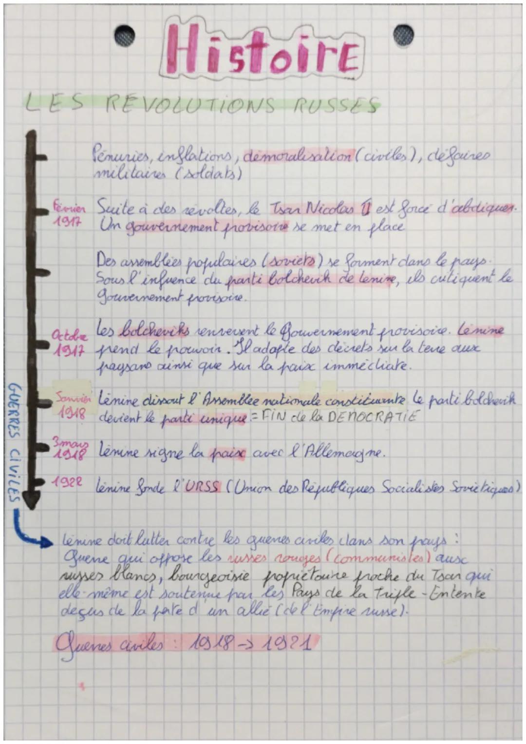 GUERRES CIVILES
• Histoire
LES REVOLUTIONS RUSSES
Pénuries, inflations, demoralisation (civiles), défaires
militaire (soldats)
février Suite