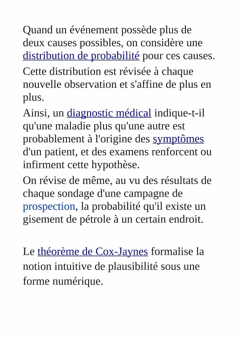 Inférence bayésienne
L'inférence bayésienne est une méthode
d'inférence statistique par laquelle on
calcule les probabilités de diverses cau