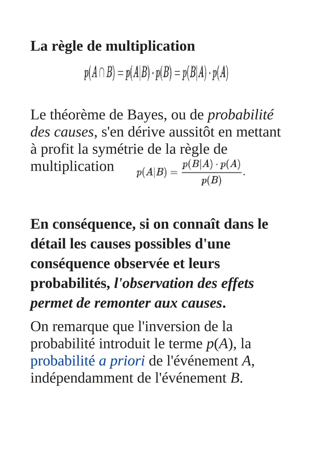 Inférence bayésienne
L'inférence bayésienne est une méthode
d'inférence statistique par laquelle on
calcule les probabilités de diverses cau