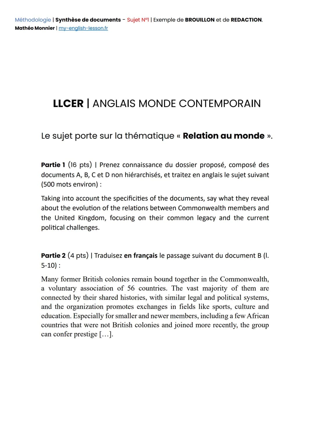 Méthodologie | Synthèse de documents - Sujet N°1 | Exemple de BROUILLON et de REDACTION.
Mathéo Monnier | my-english-lesson.fr
LLCER | ANGLA