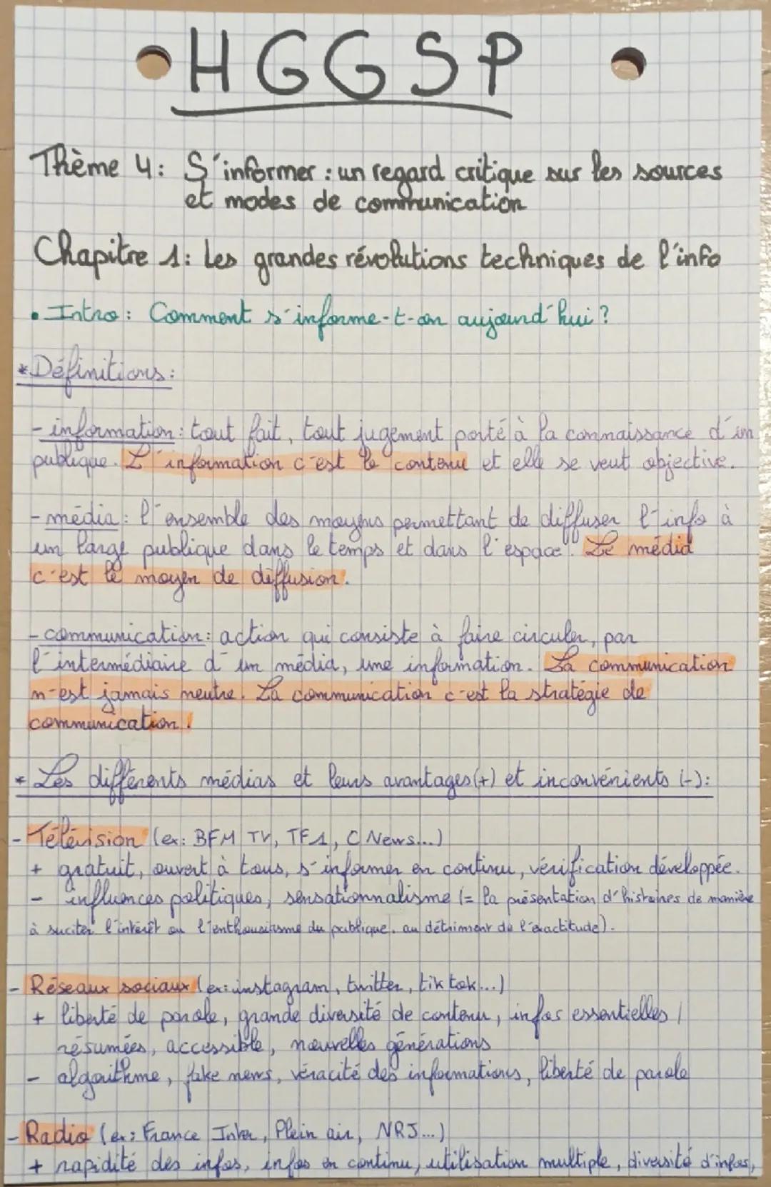 •HGGS P

Thème 4: S'informer: un regard critique sur les sources
et modes de communicatione

Chapitre 1: Les grandes révolutions techniques 