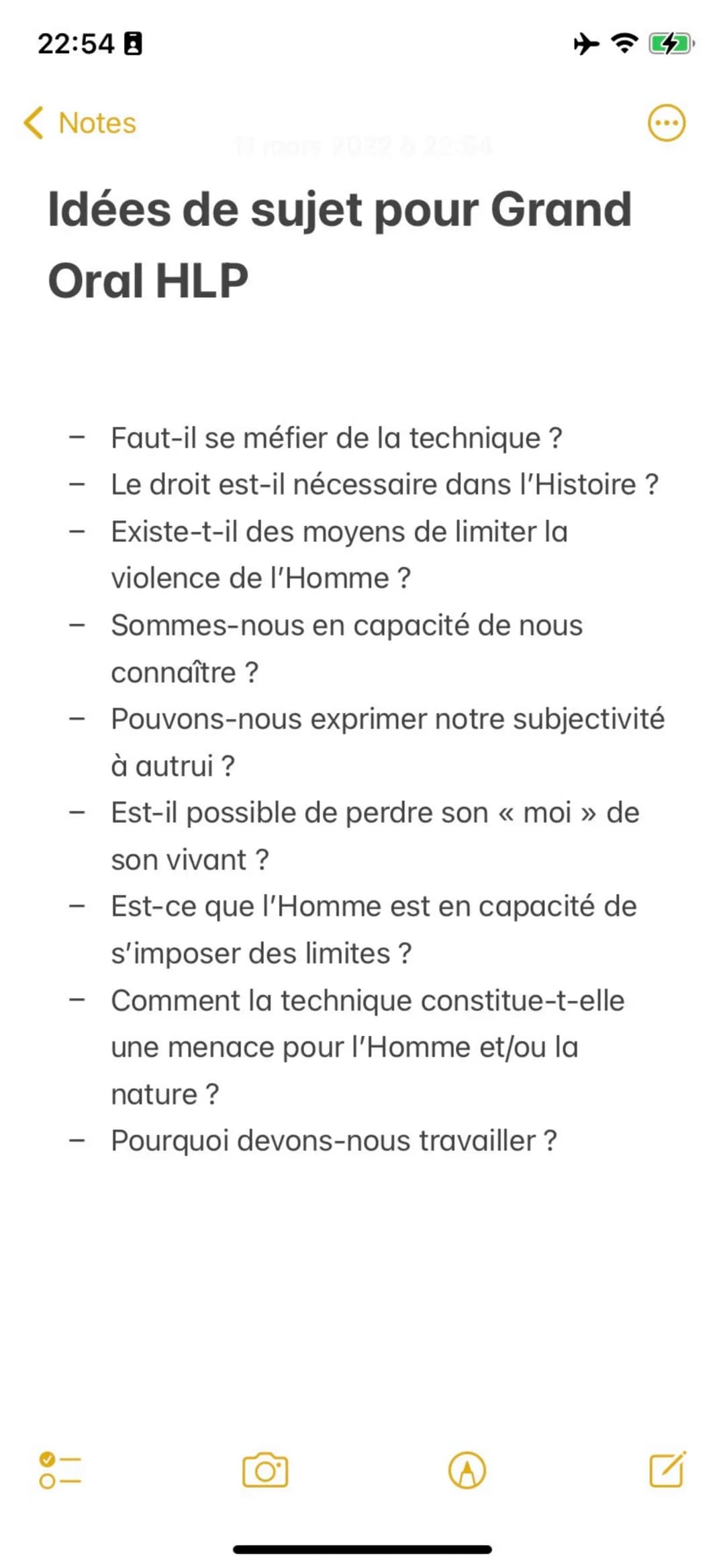 22:54 B
< Notes
Idées de sujet pour Grand
Oral HLP
-
-
-
✈2
!!!
Faut-il se méfier de la technique ?
Le droit est-il nécessaire dans l'Histoi