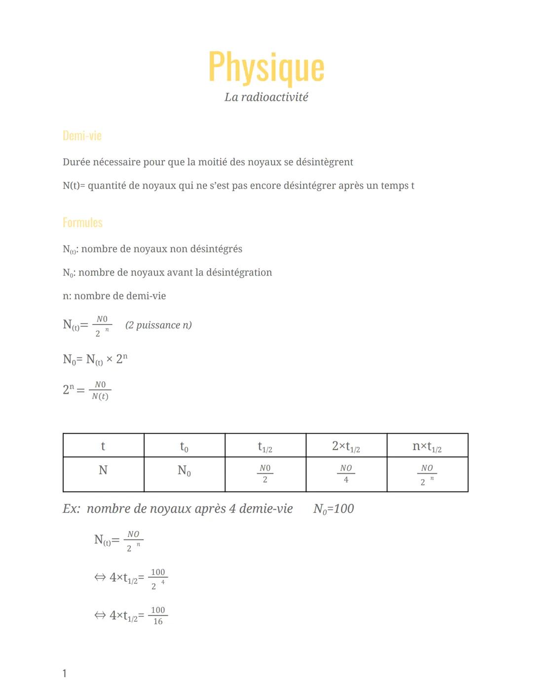 Demi-vie
Durée nécessaire pour que la moitié des noyaux se désintègrent
N(t)= quantité de noyaux qui ne s'est pas encore désintégrer après u