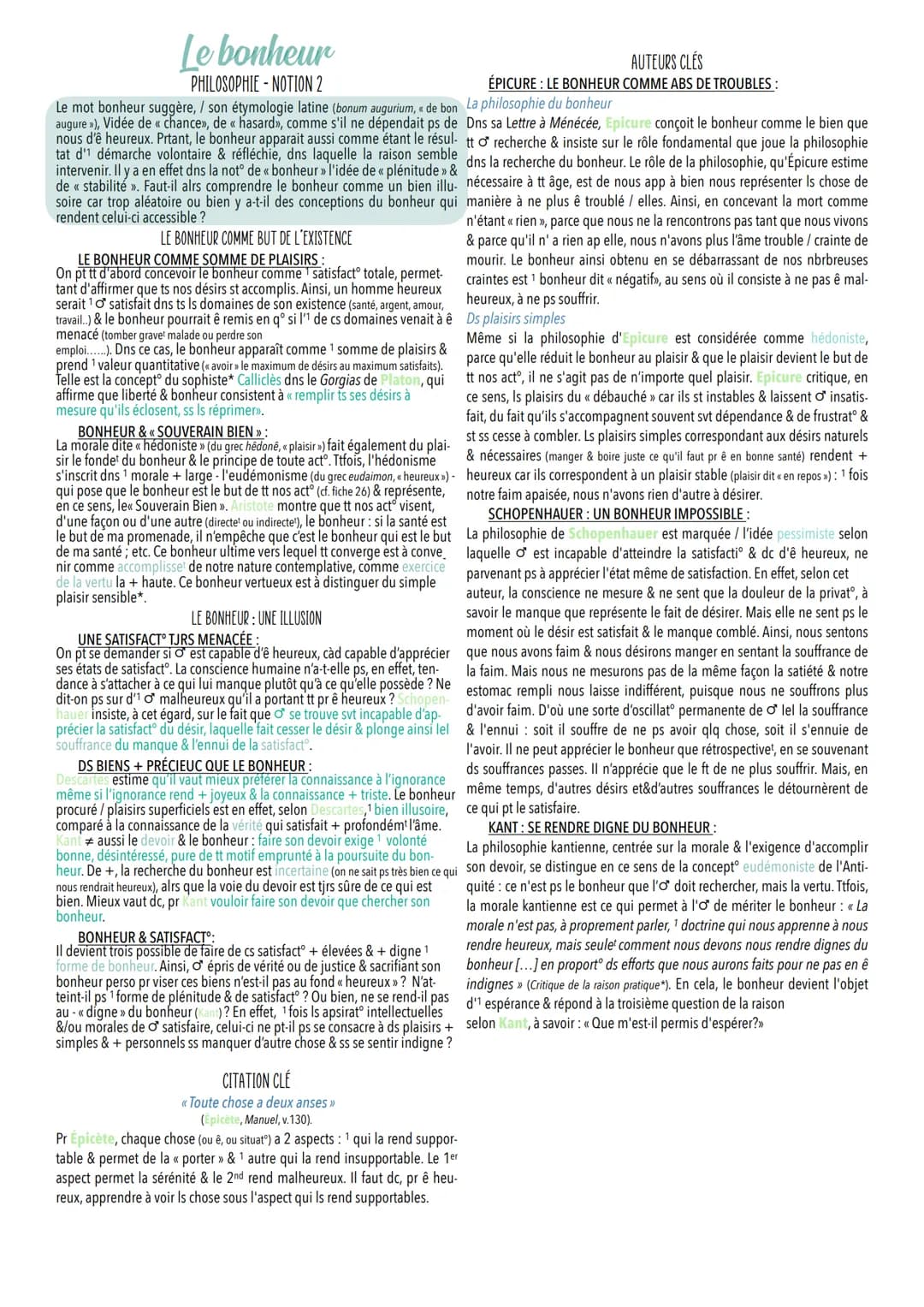 Le bonheur
PHILOSOPHIE-NOTION 2
Le mot bonheur suggère, / son étymologie latine (bonum augurium, « de bon
augure »), Vidée de « chance», de 