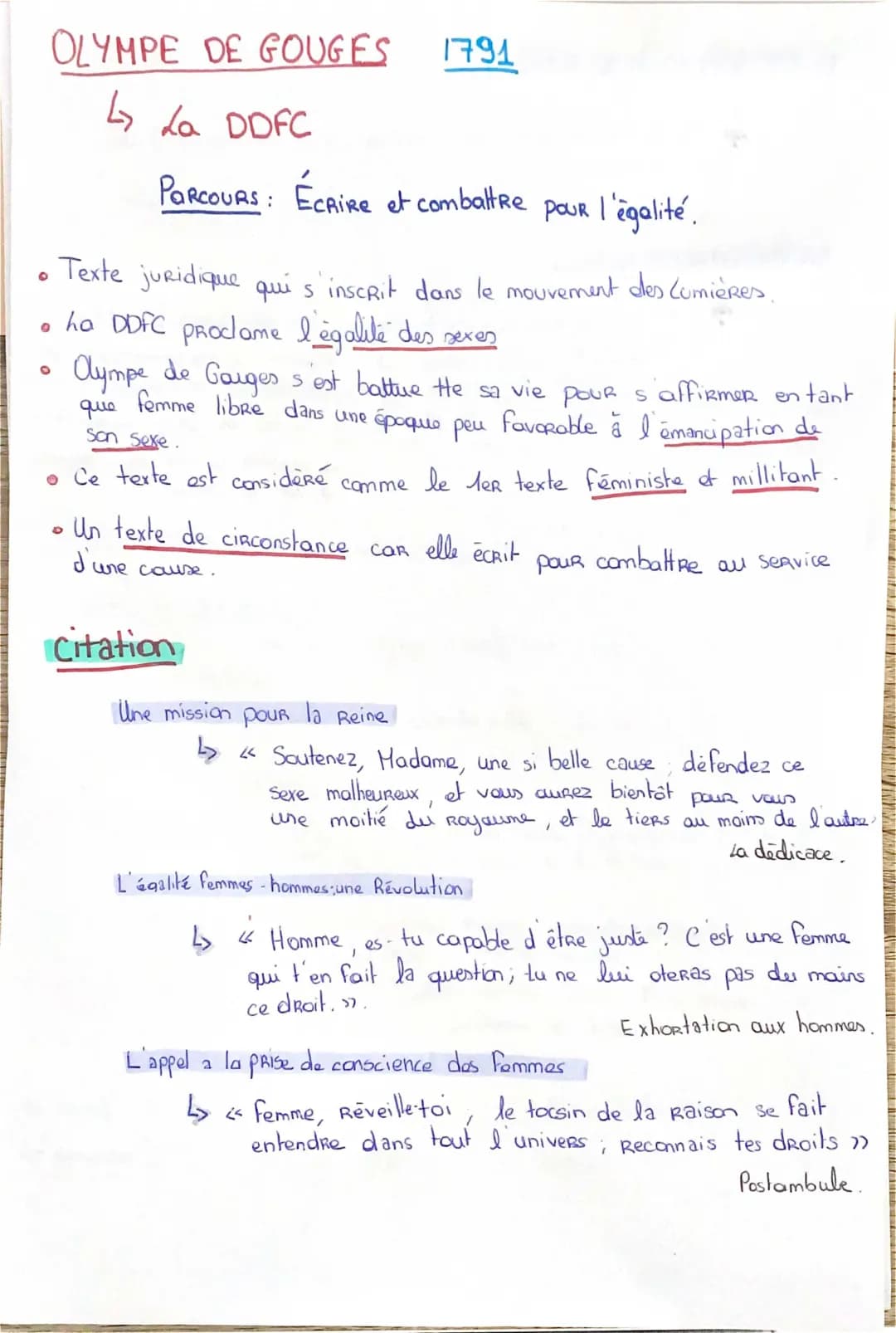 Fiche de Lecture Olympe de Gouges et DDFC: Biographie Courte et Analyse