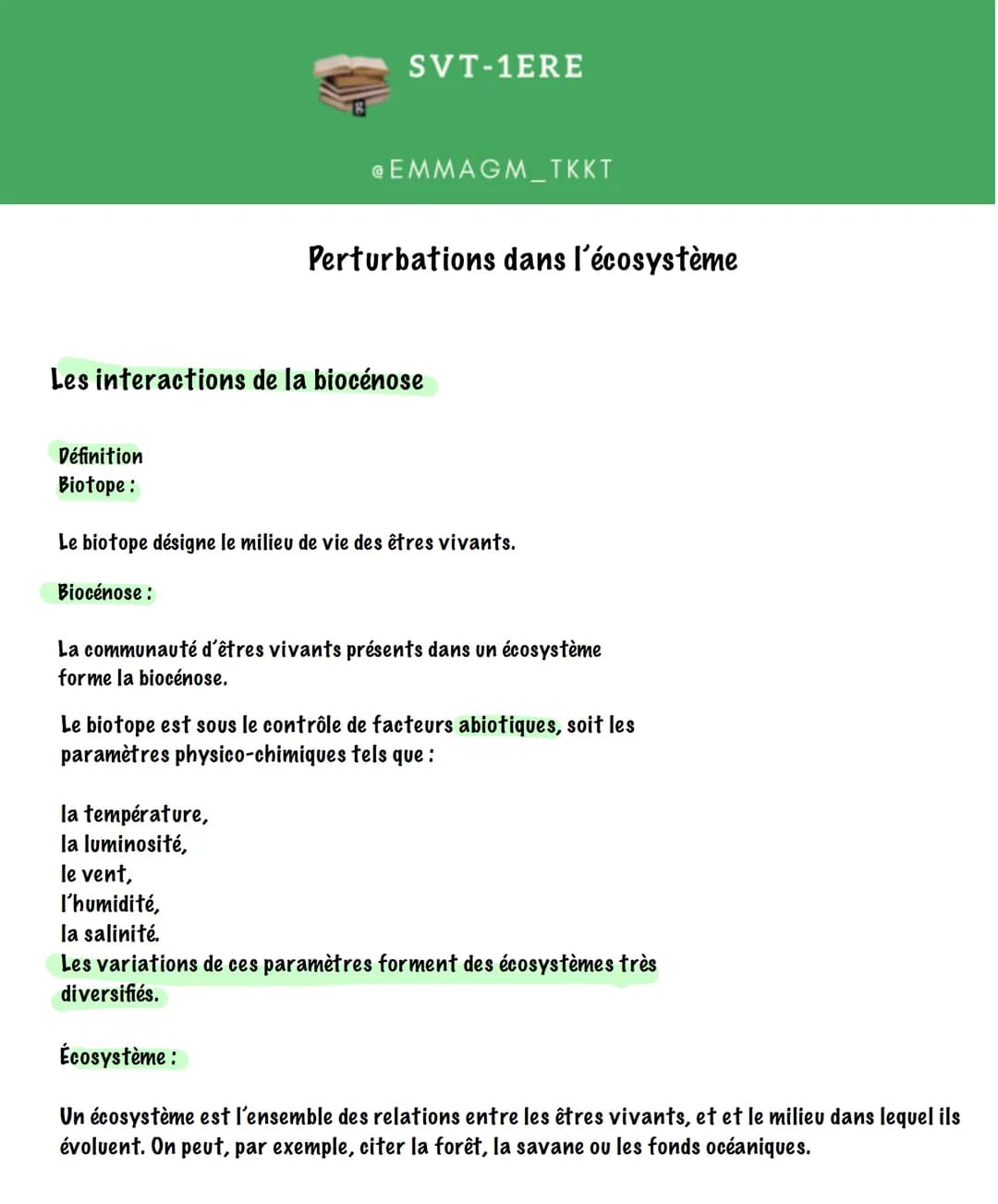 Définition
Biotope:
SVT-1ERE
Les interactions de la biocénose
Biocénose:
EMMAGM_IKKT
Perturbations dans l'écosystème
Le biotope désigne le m