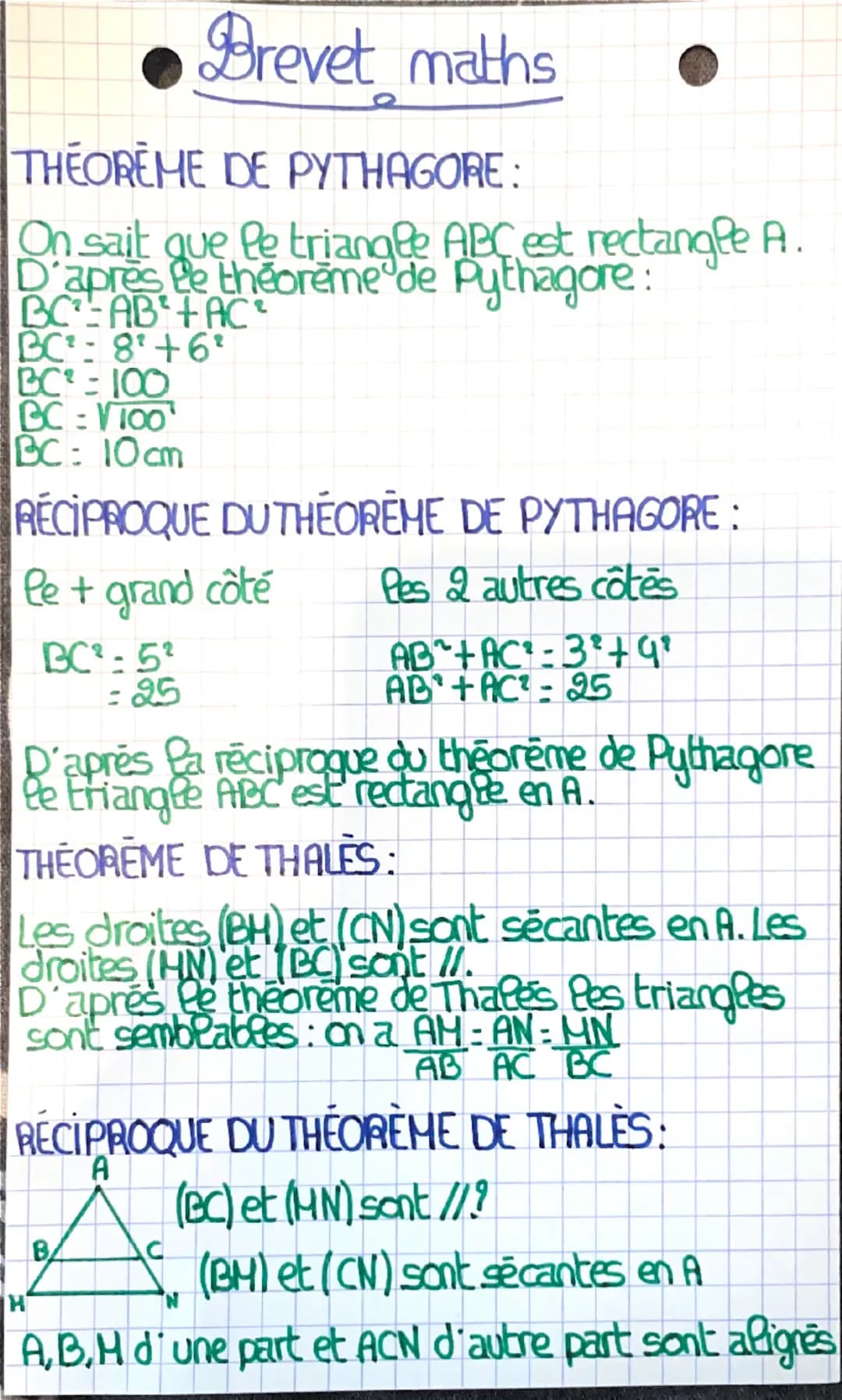 Brevet maths
THEOREME DE PYTHAGORE:
On sait que le triangle ABC est rectangle A.
D'après le théorème de Pythagore:
BC-AB+AC
BC: 8'+6'
BC = 1