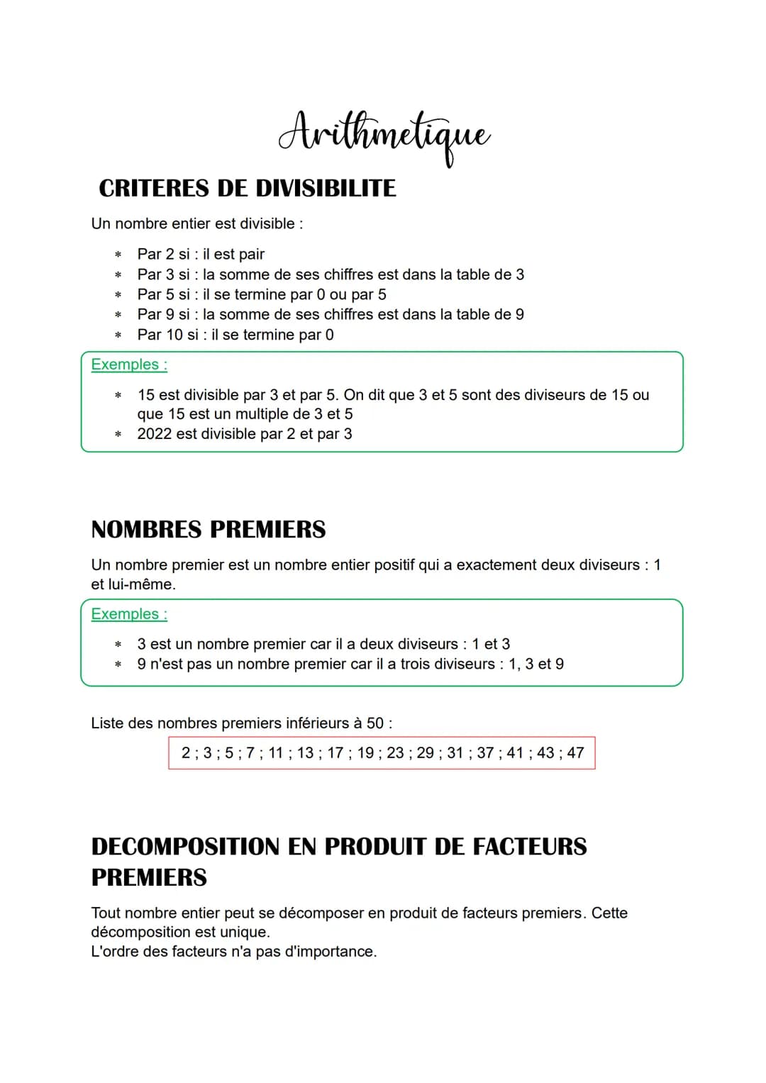 Arithmetique
CRITERES DE DIVISIBILITE
Un nombre entier est divisible:
*
Par 2 si
il est pair
*
Par 3 si
*
Par 5 si
la somme de ses chiffres 