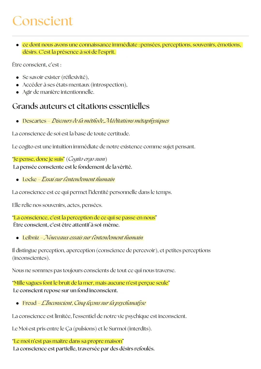# Conscient

* ce dont nous avons une connaissance immédiate : pensées, perceptions, souvenirs, émotions, désirs. C’est la présence à soi de