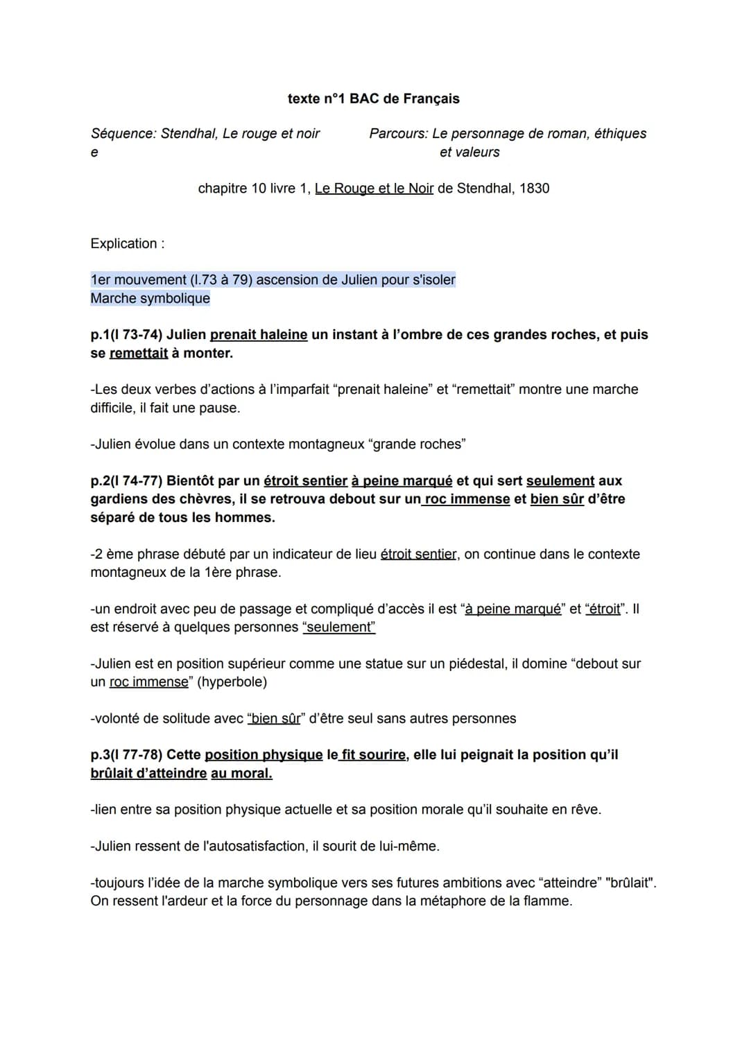 Séquence: Stendhal, Le rouge et noir
e
texte n°1 BAC de Français
Explication :
Parcours: Le personnage de roman, éthiques
et valeurs
chapitr