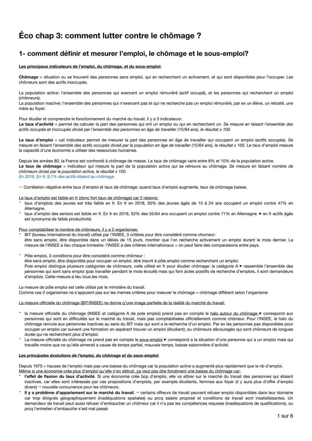 Éco chap 3: comment lutter contre le chômage ?
1- comment définir et mesurer l'emploi, le chômage et le sous-emploi?
Les principaux indicate