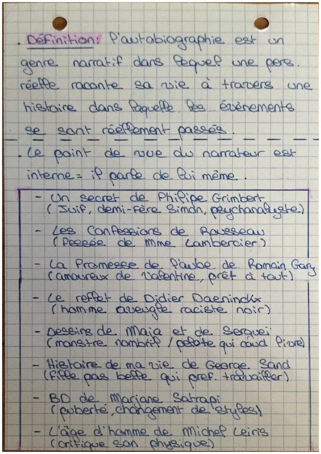 Français

C'autobiographie-

L'auteur = Pe r = Pe narrateur = De pers. principal

AUTO/BIO/GRAPHIE

sois-même) écrire

Pa vie

Le récit est 
