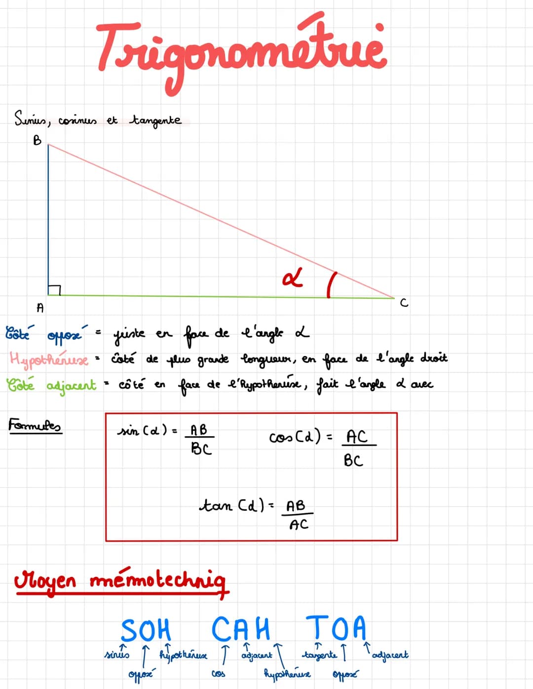 Sinus, cosinues et tangente
B
A
Trigonométrie
Formules
Côté oposé = juiste
face de l'angle L
Hypotheruxe côté de plus grande longueur, en fa